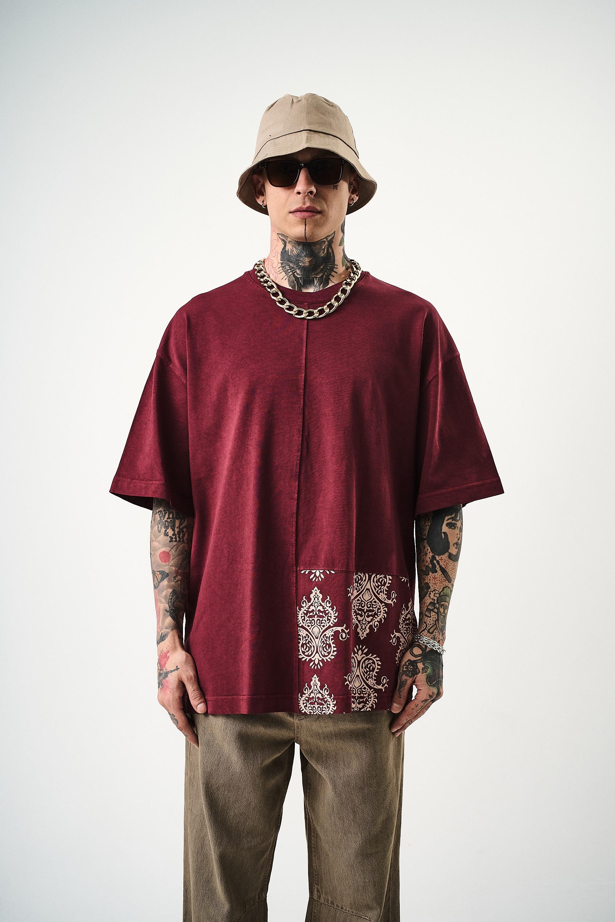 Erkek Paisley Baskılı Yıkamalı Oversize T-Shirt Bordo