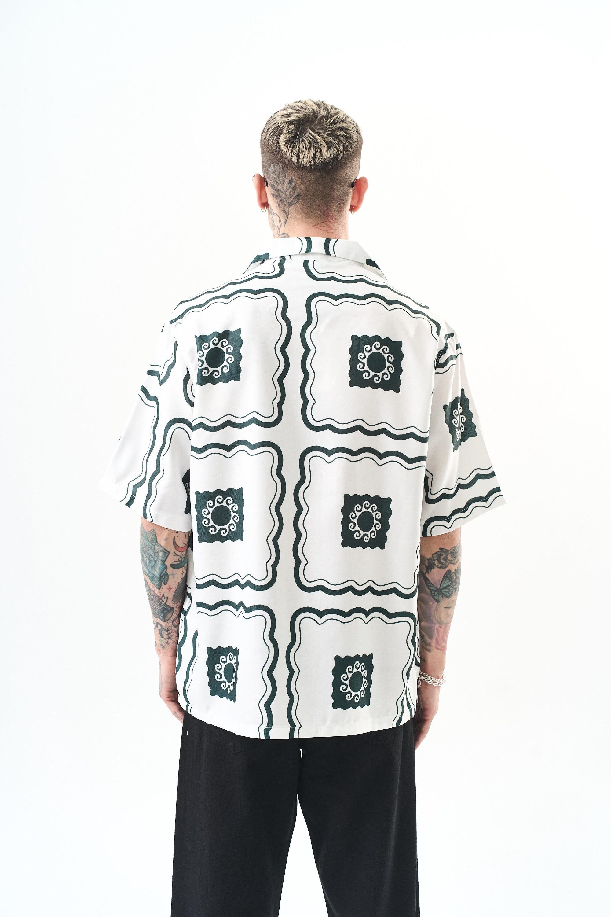 Erkek Paisley Pattern Baskılı Oversize Gömlek Beyaz