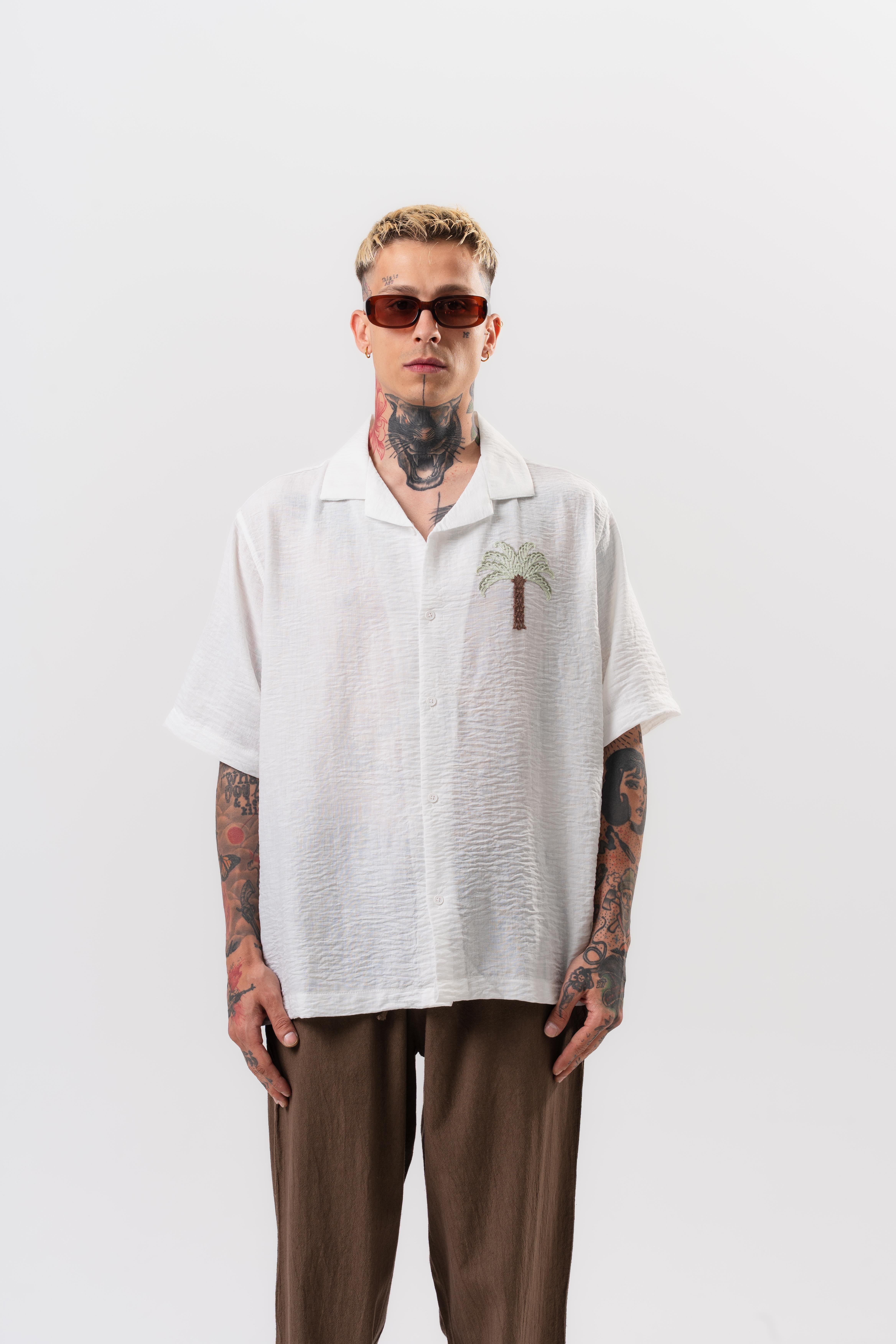 Erkek Palm Nakışlı Oversize Gömlek Beyaz