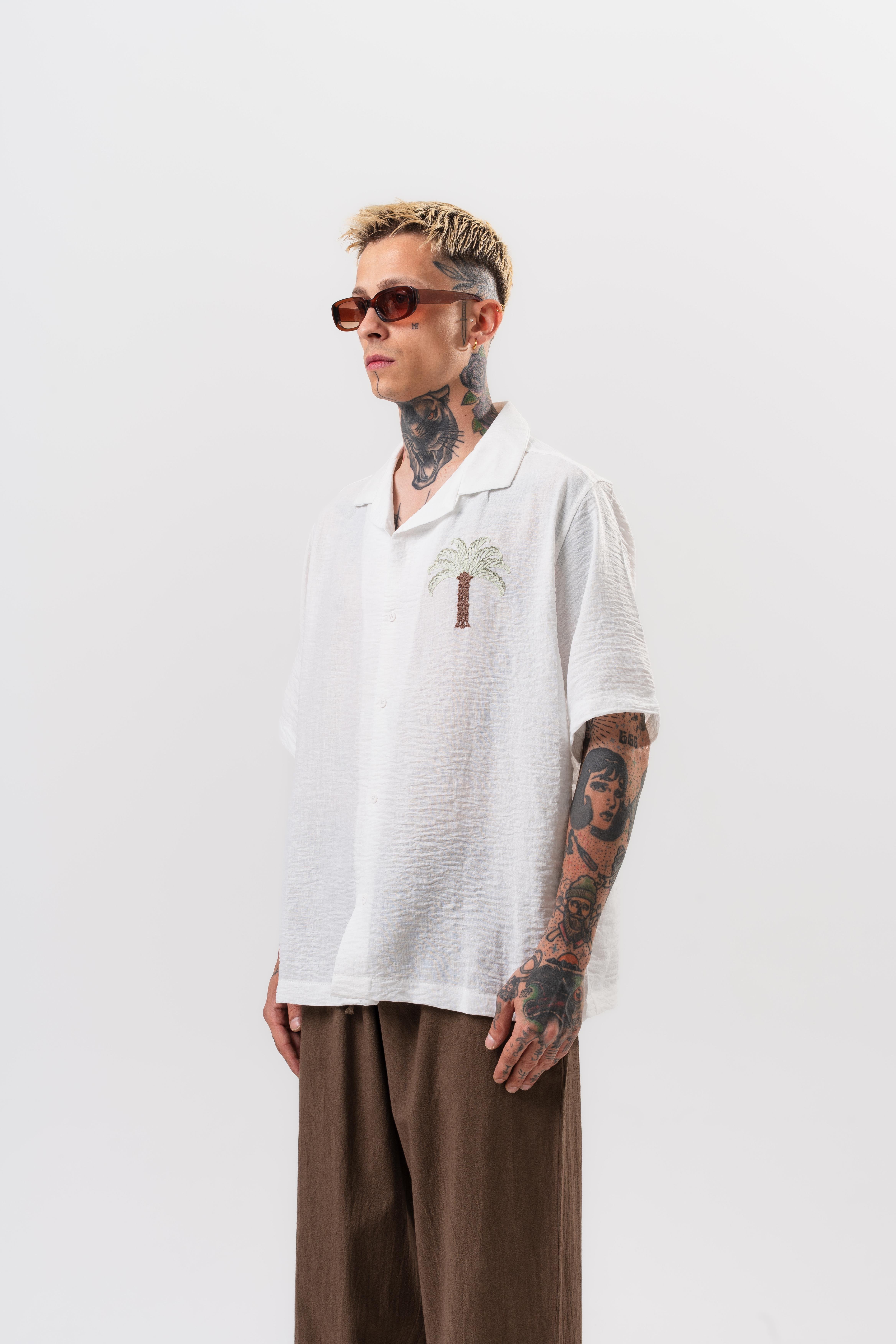 Erkek Palm Nakışlı Oversize Gömlek Beyaz