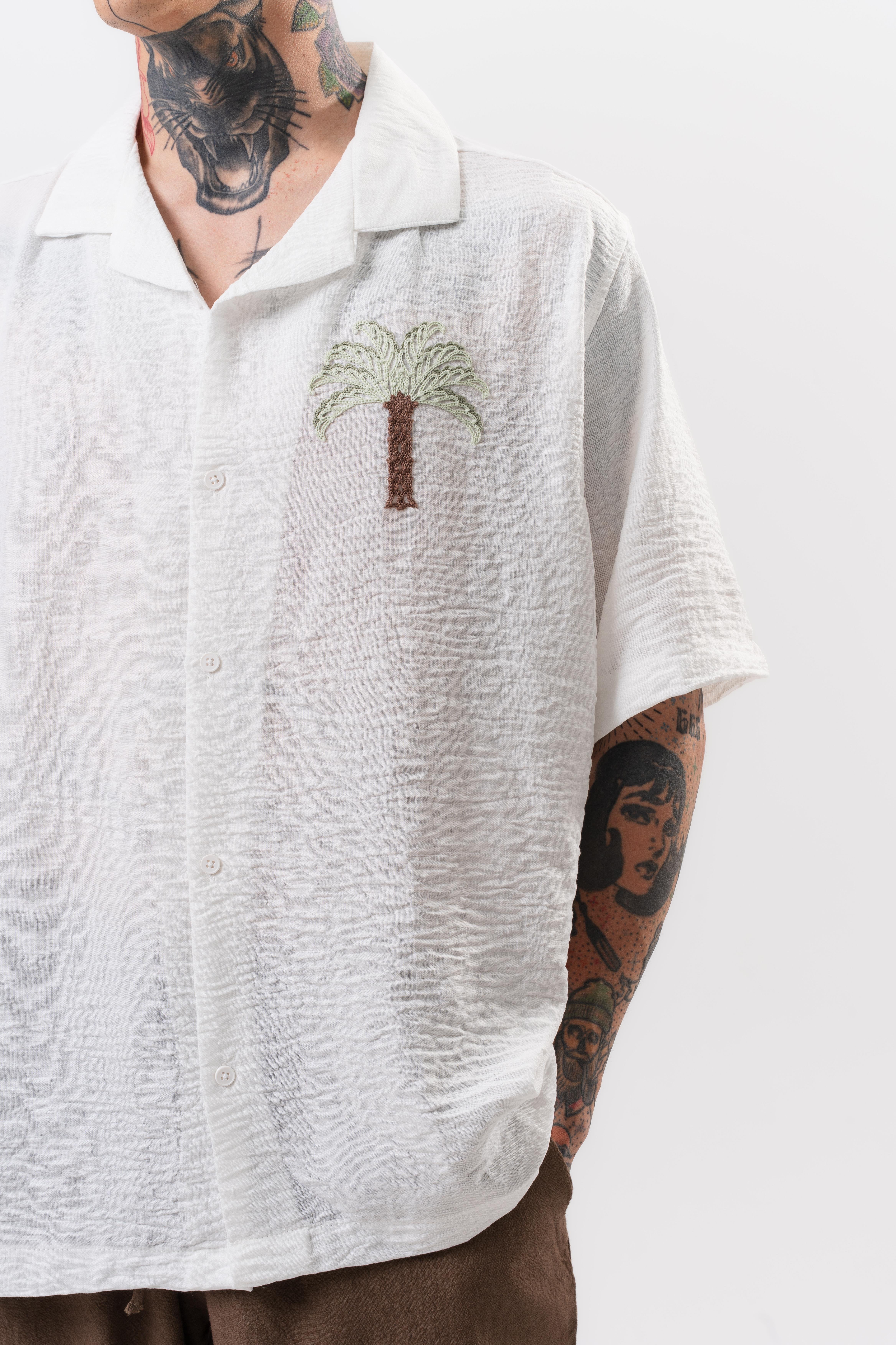 Erkek Palm Nakışlı Oversize Gömlek Beyaz