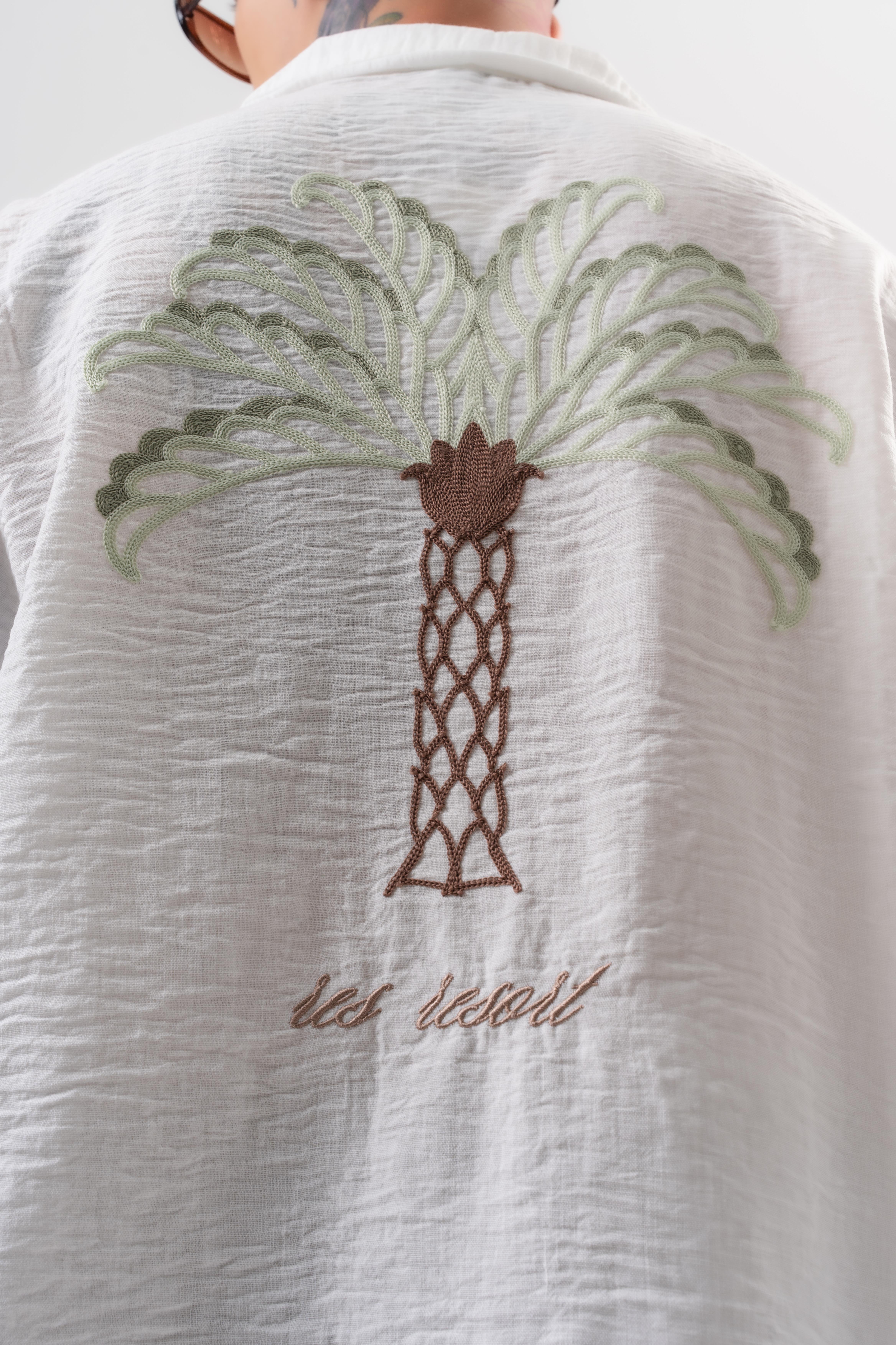 Erkek Palm Nakışlı Oversize Gömlek Beyaz
