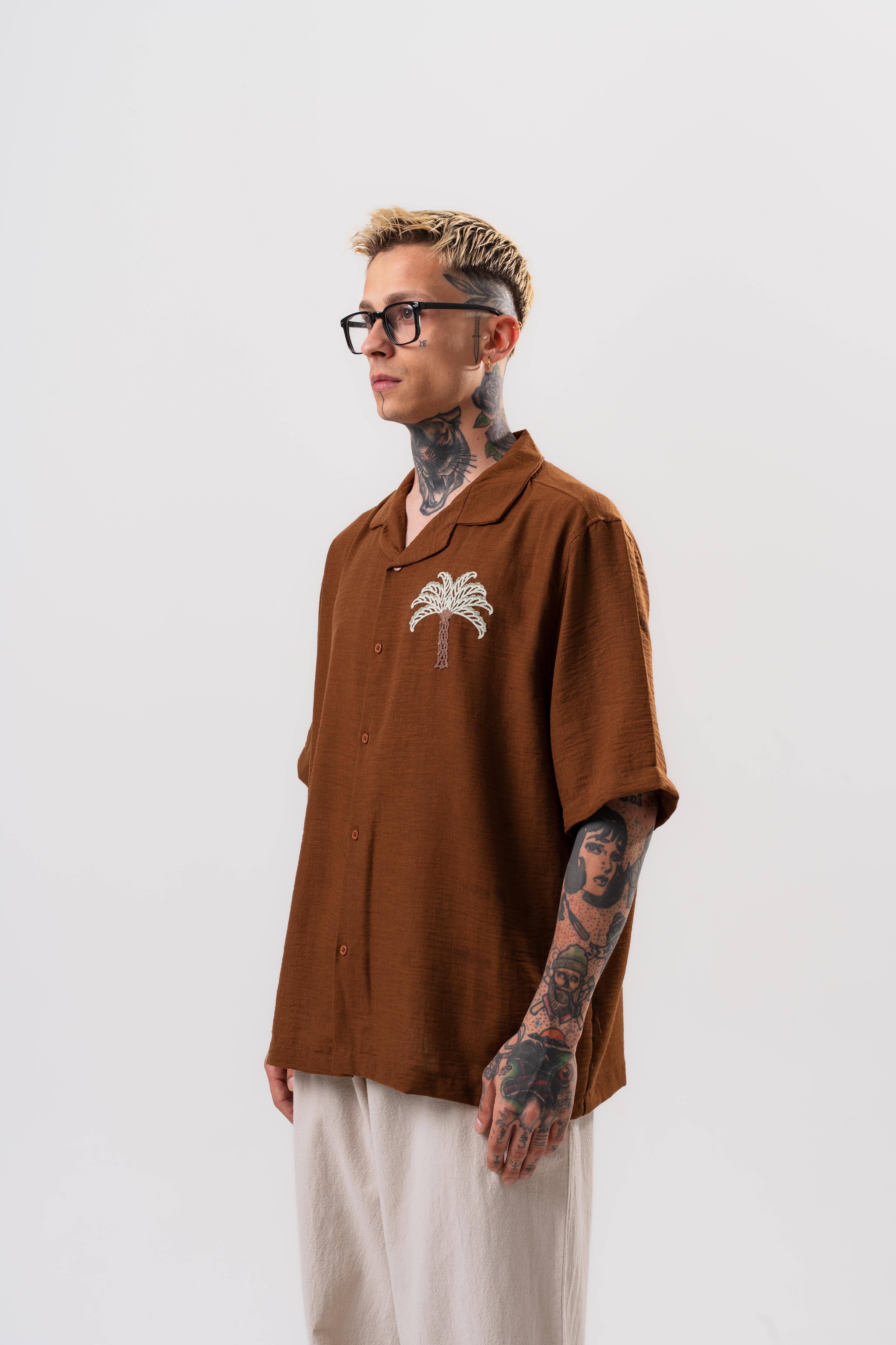 Erkek Palm Nakışlı Oversize Gömlek Kahve