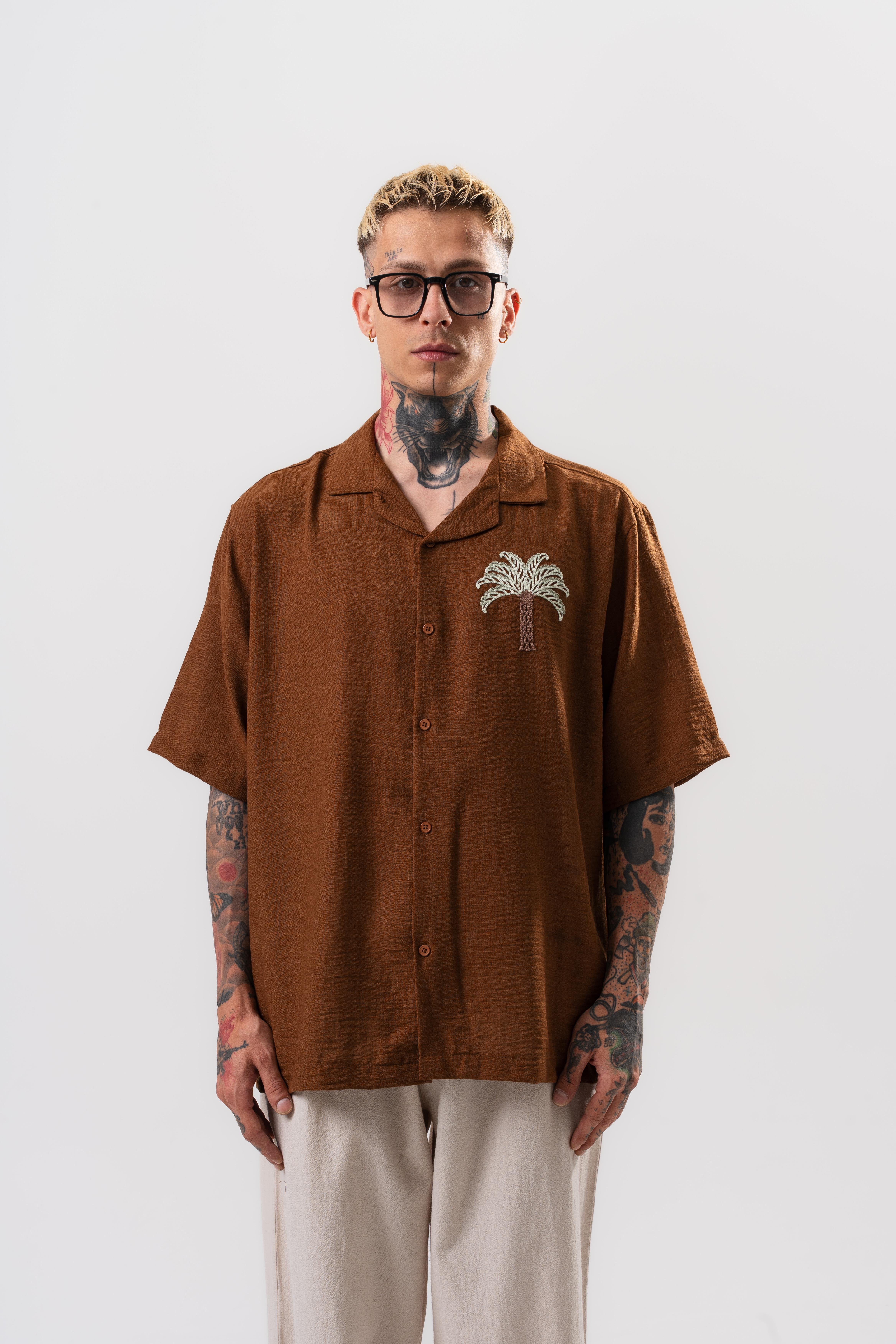 Erkek Palm Nakışlı Oversize Gömlek Kahve