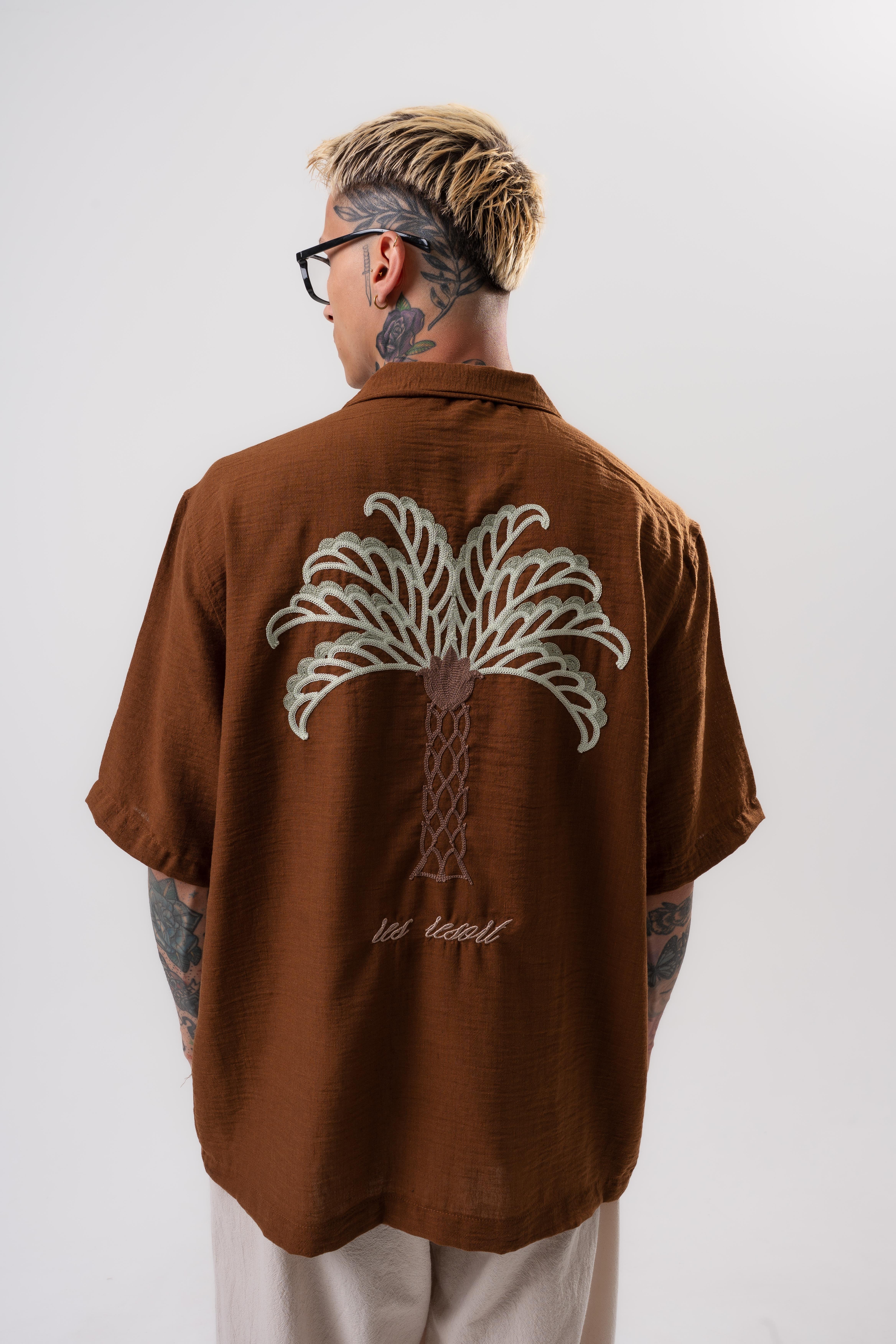 Erkek Palm Nakışlı Oversize Gömlek Kahve
