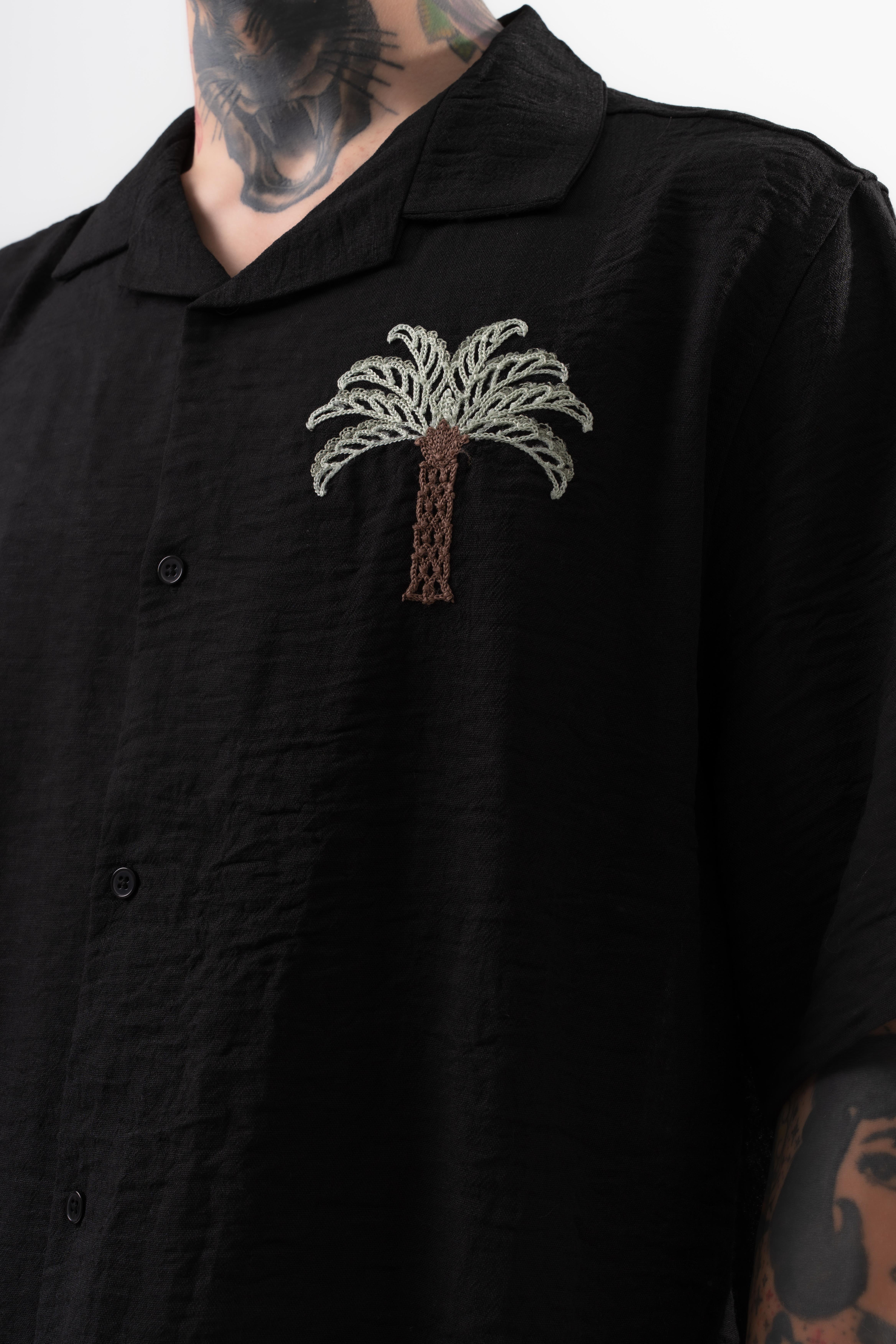 Erkek Palm Nakışlı Oversize Gömlek Siyah