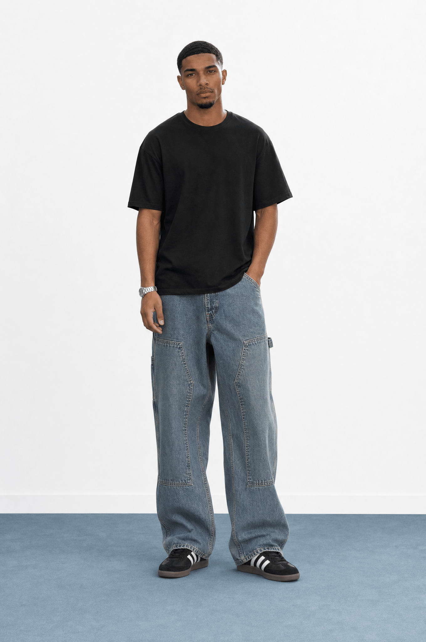 Erkek Parça Detaylı Baggy Jean Mavi