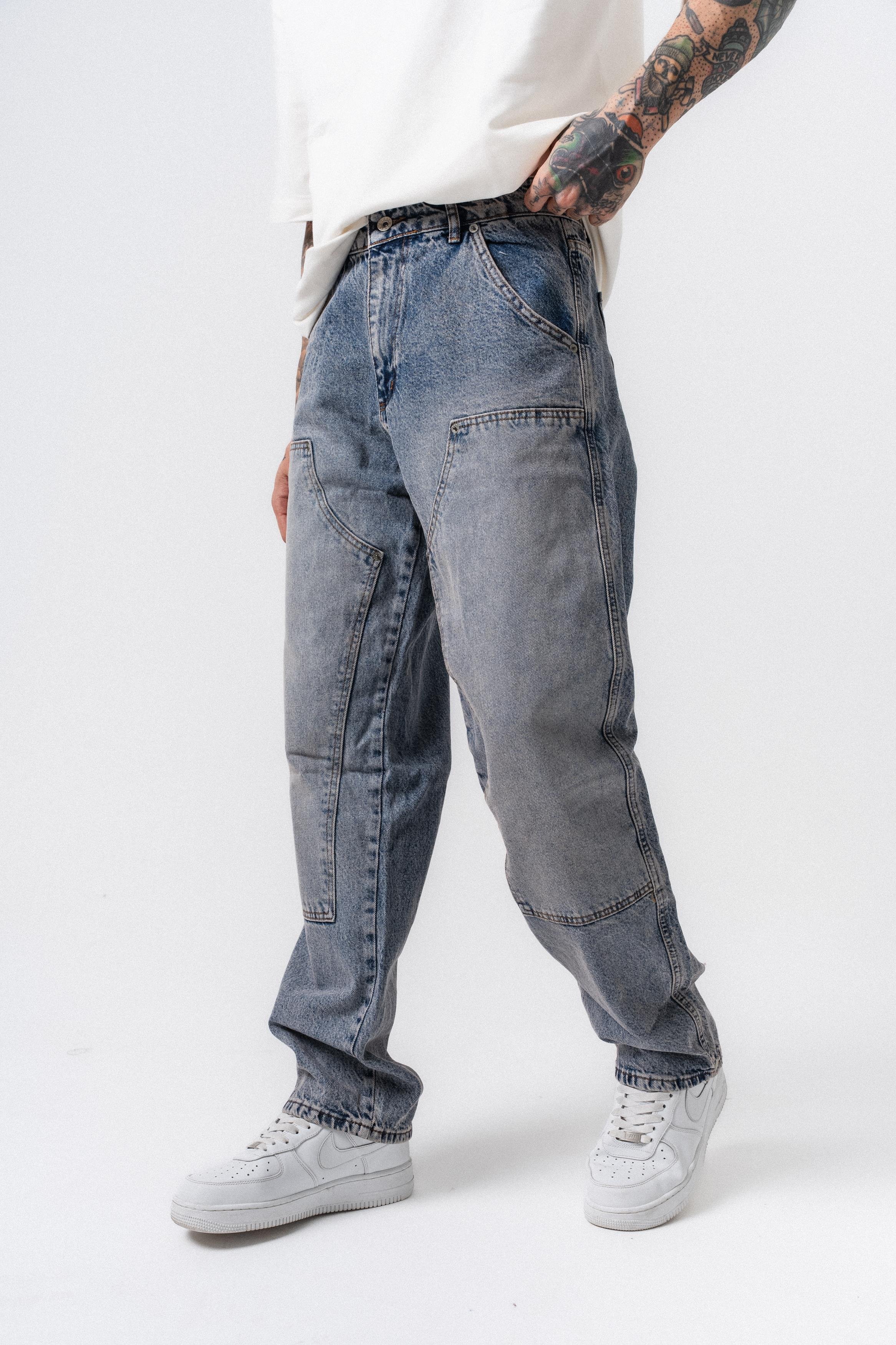 Erkek Parça Detaylı Baggy Jean Mavi