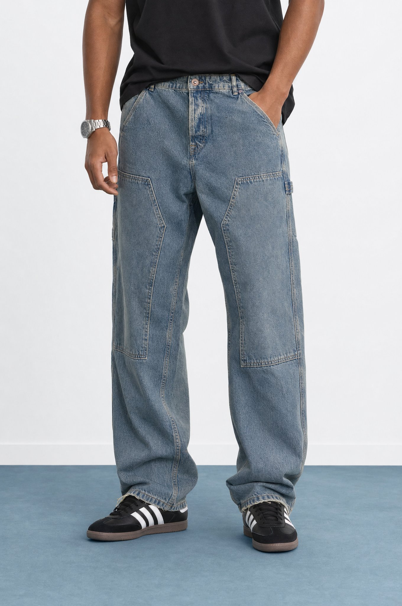 Erkek Parça Detaylı Baggy Jean Mavi