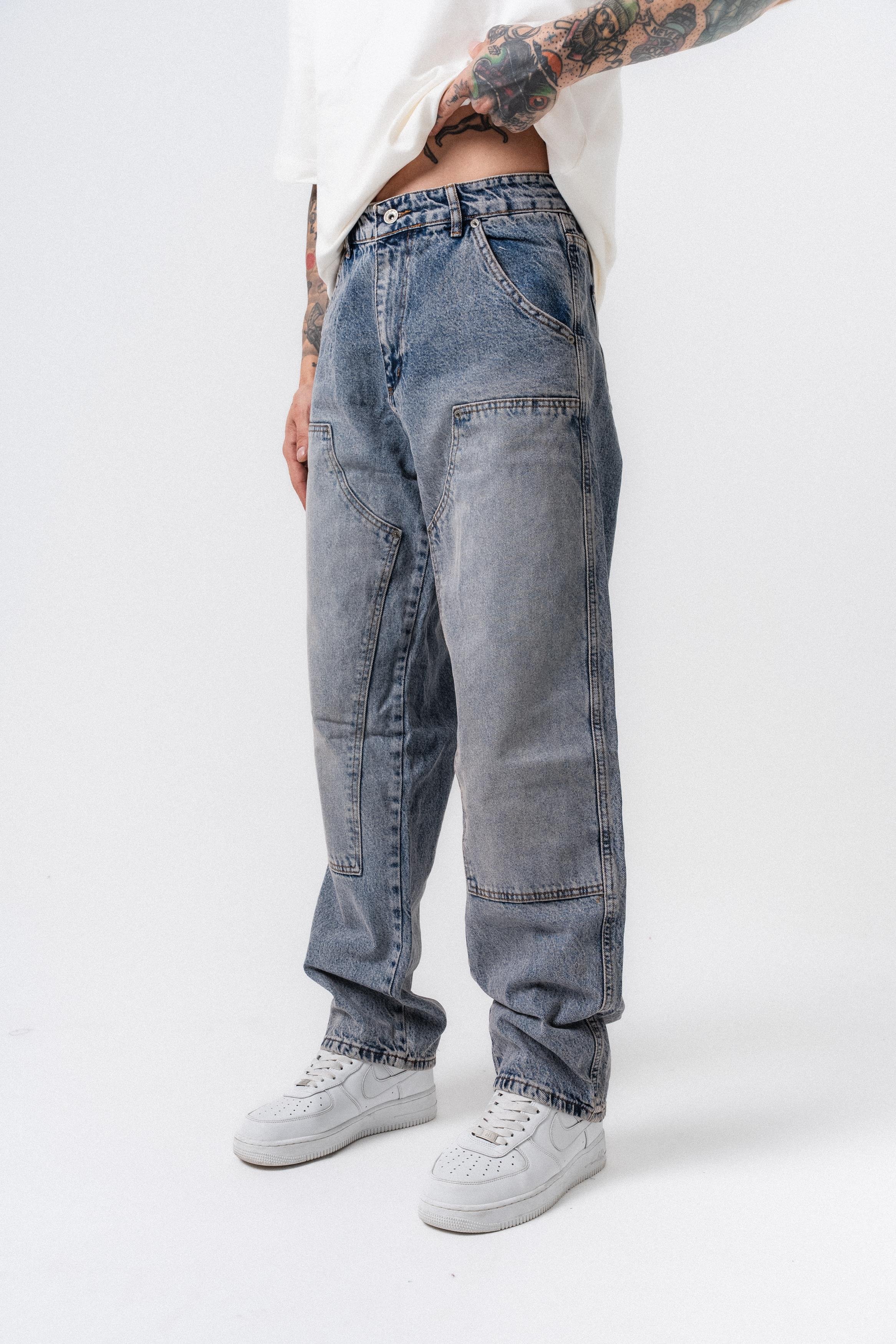 Erkek Parça Detaylı Baggy Jean Mavi