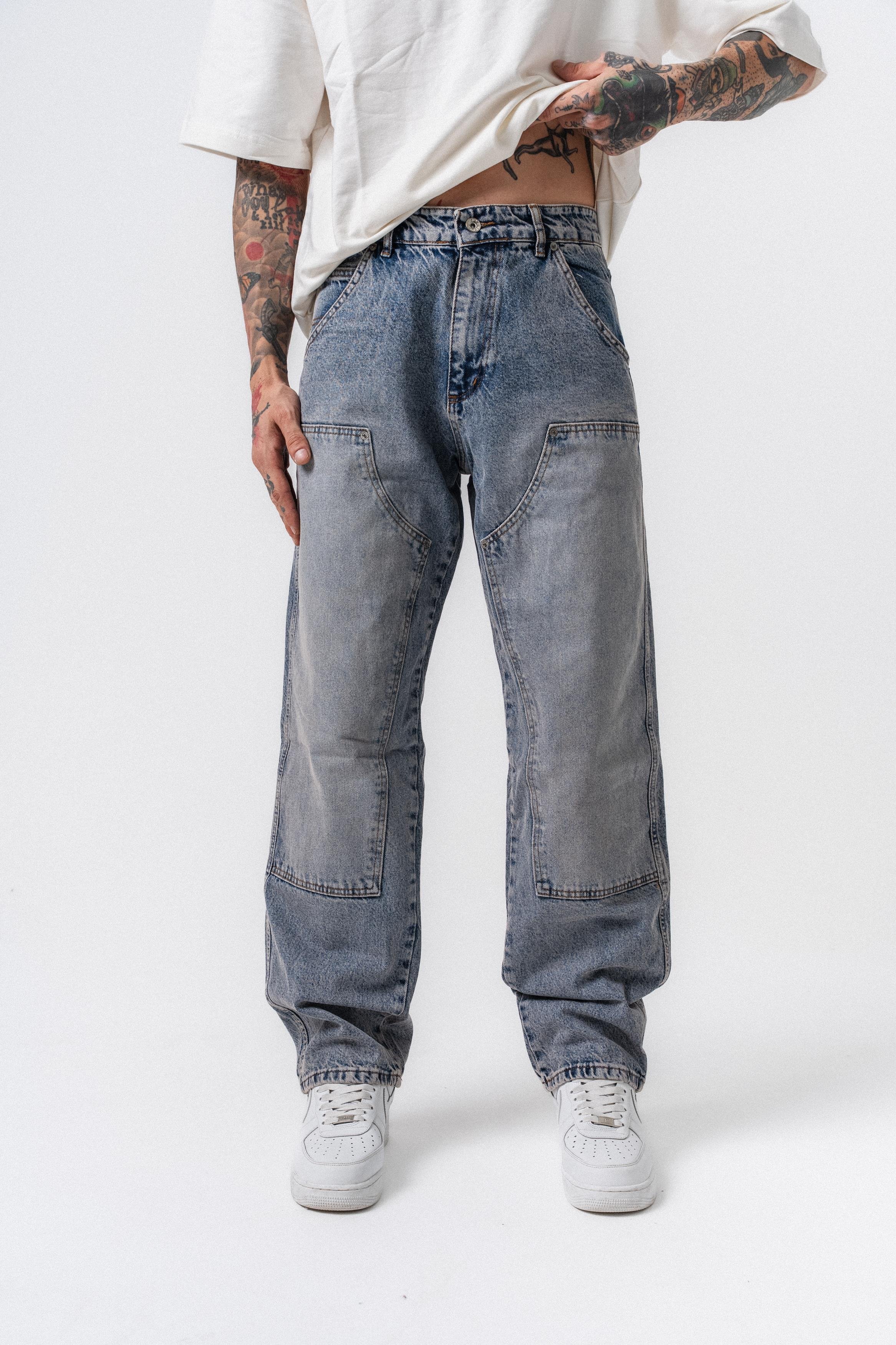 Erkek Parça Detaylı Baggy Jean Mavi
