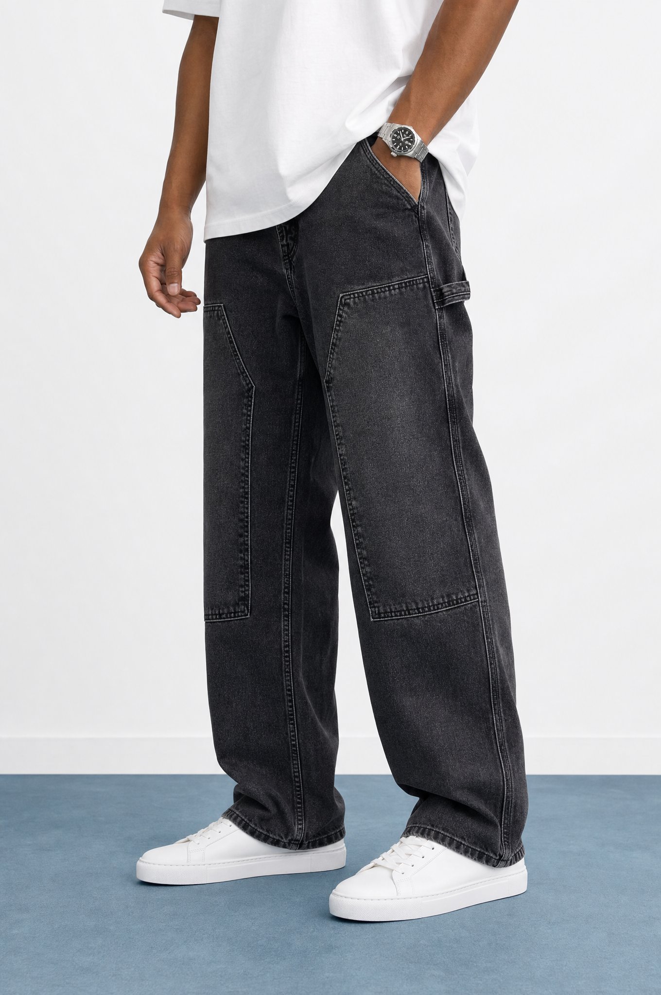 Erkek Parça Detaylı Baggy Jean Siyah