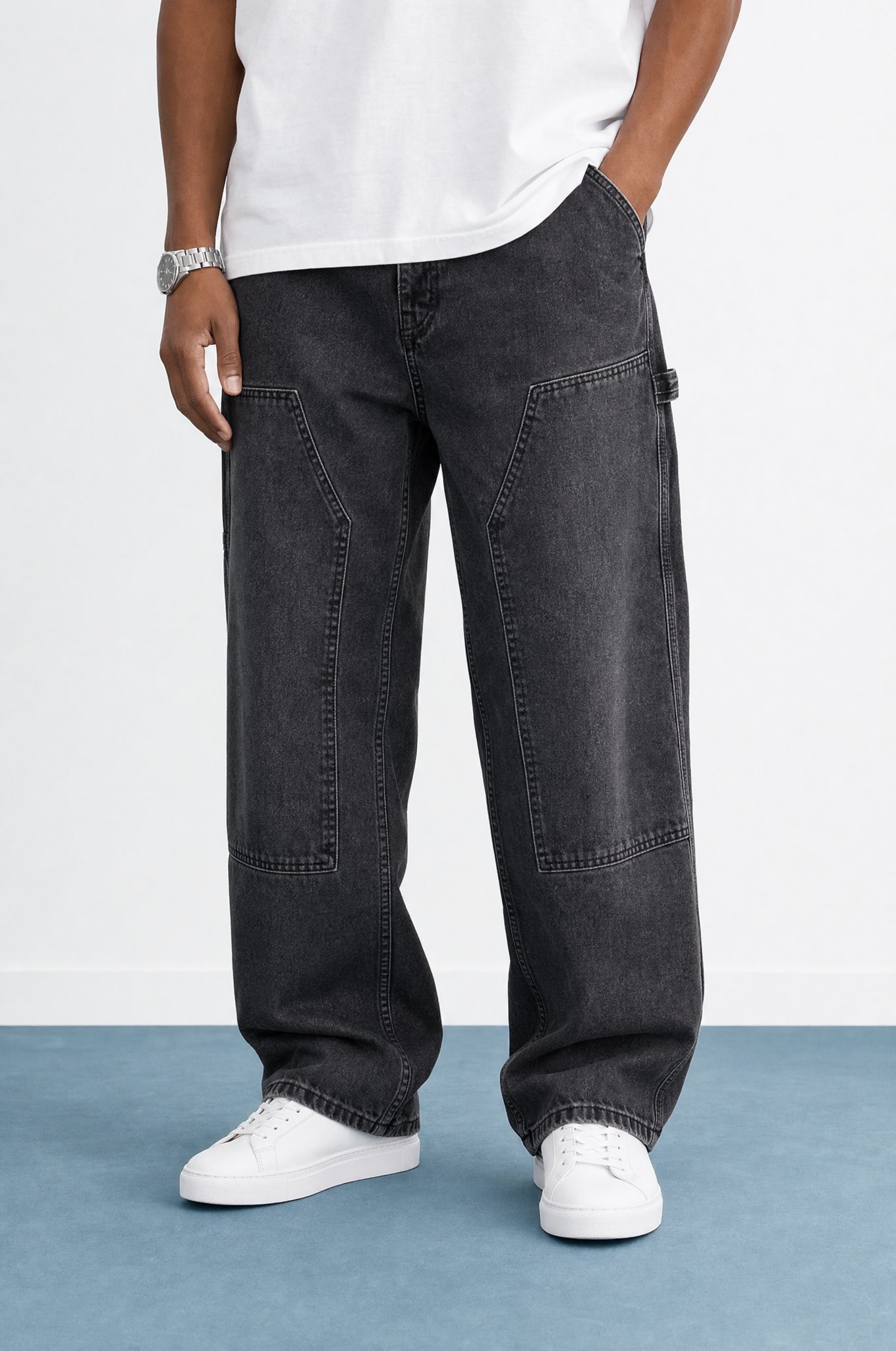 Erkek Parça Detaylı Baggy Jean Siyah