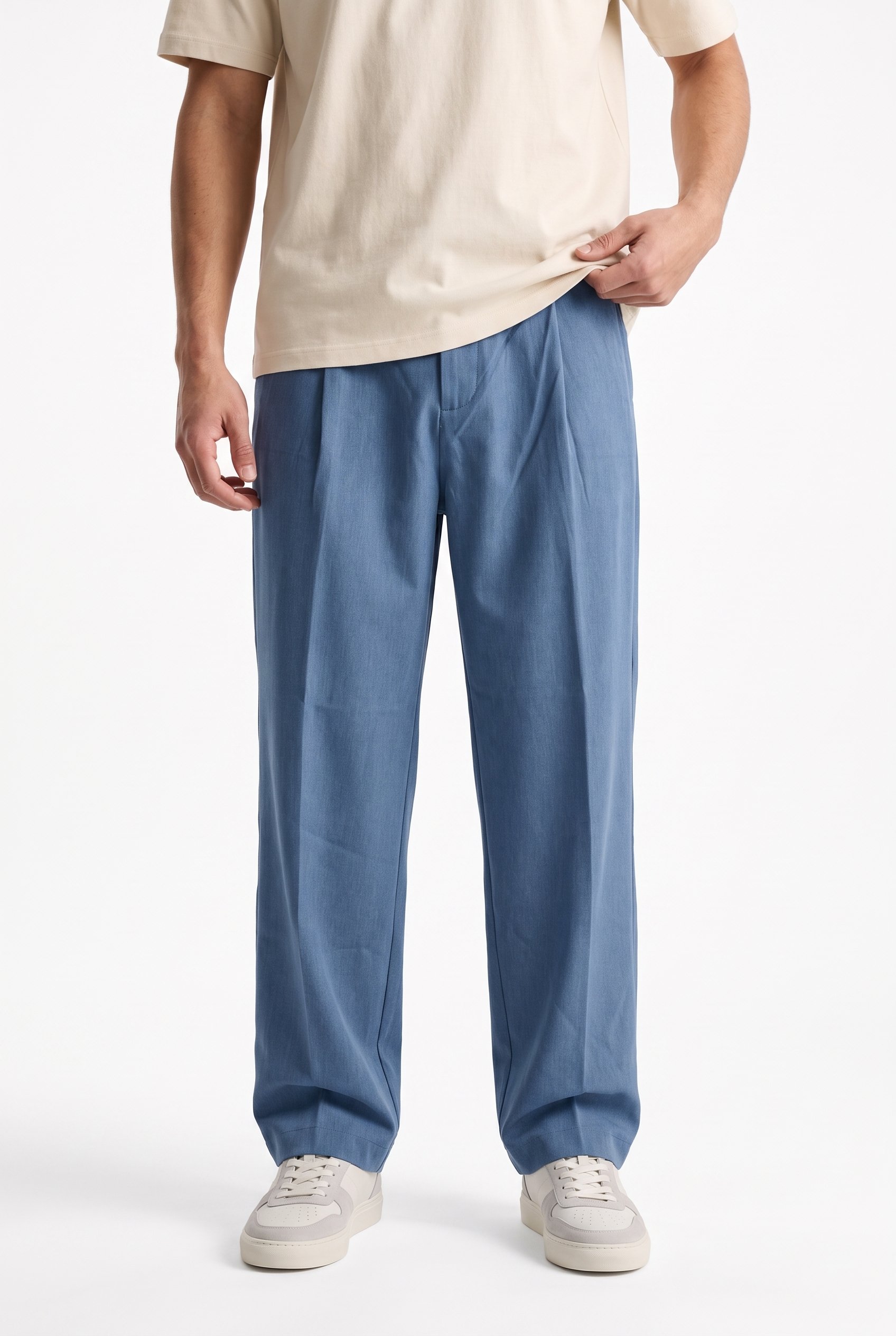 Erkek Pile Detaylı Dokuma Baggy Pantolon Mavi