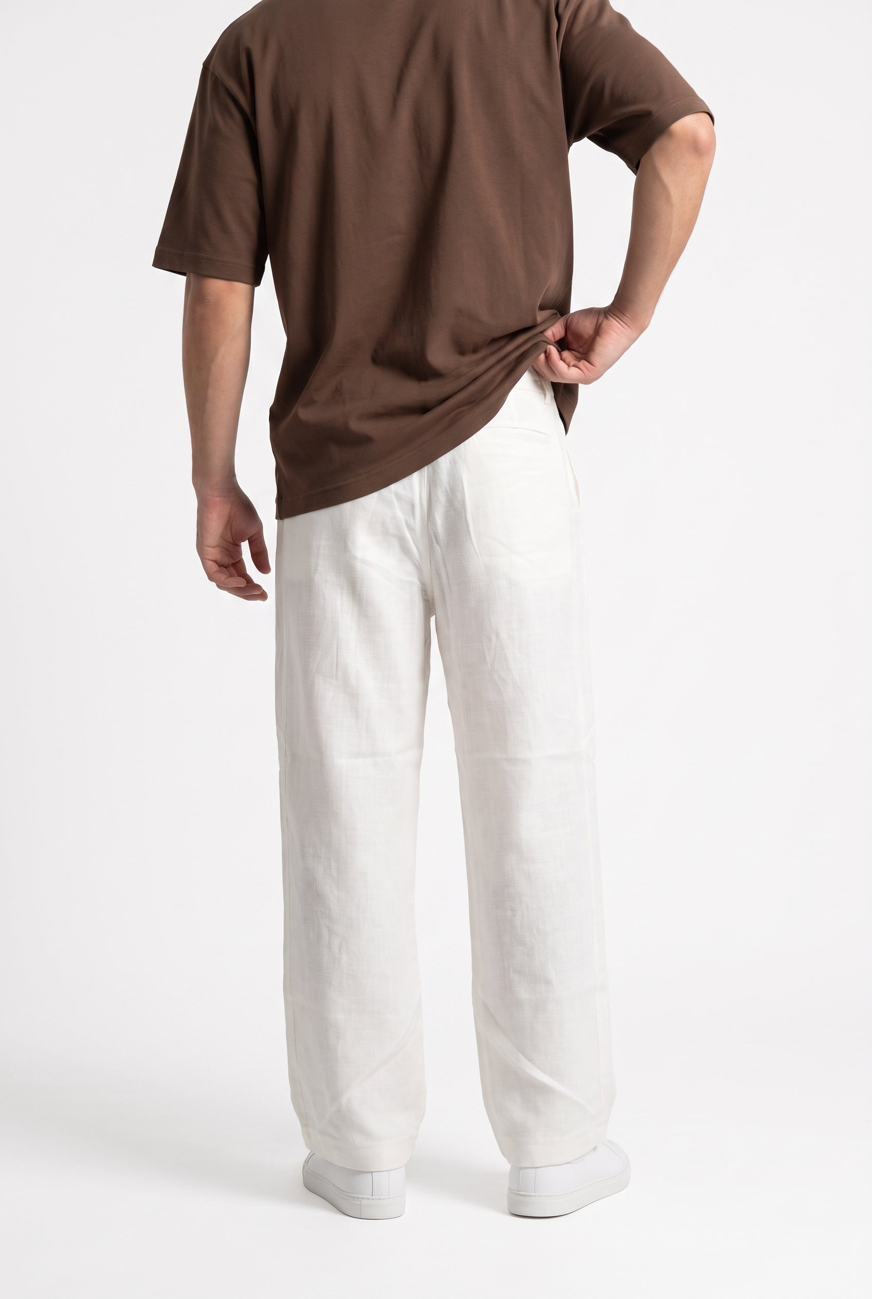 Erkek Pileli Keten Baggy Pantolon Beyaz
