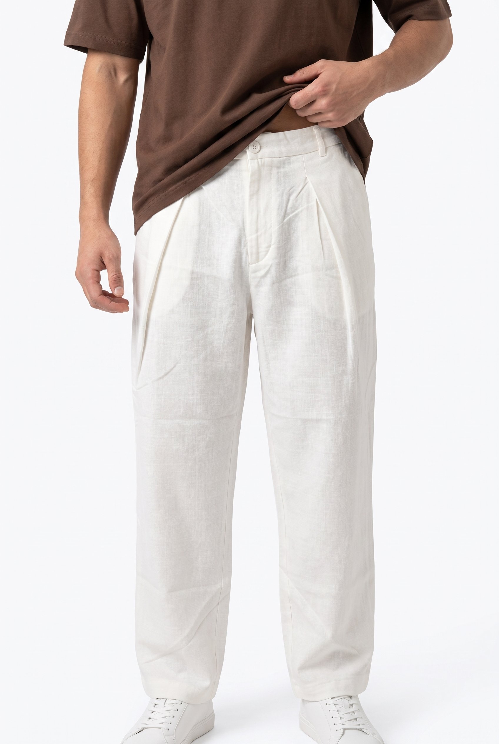 Erkek Pileli Keten Baggy Pantolon Beyaz
