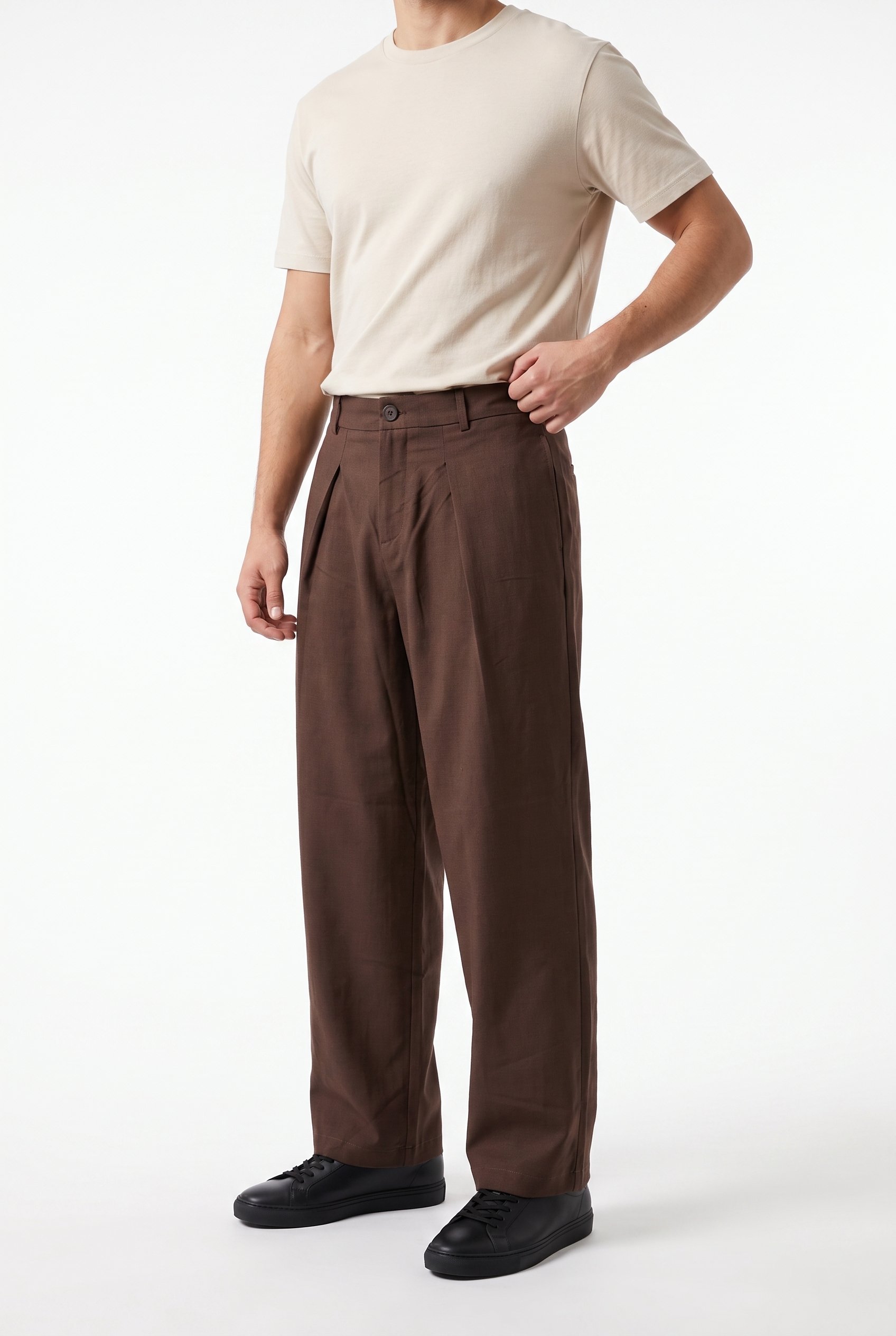 Erkek Pileli Keten Baggy Pantolon Kahve