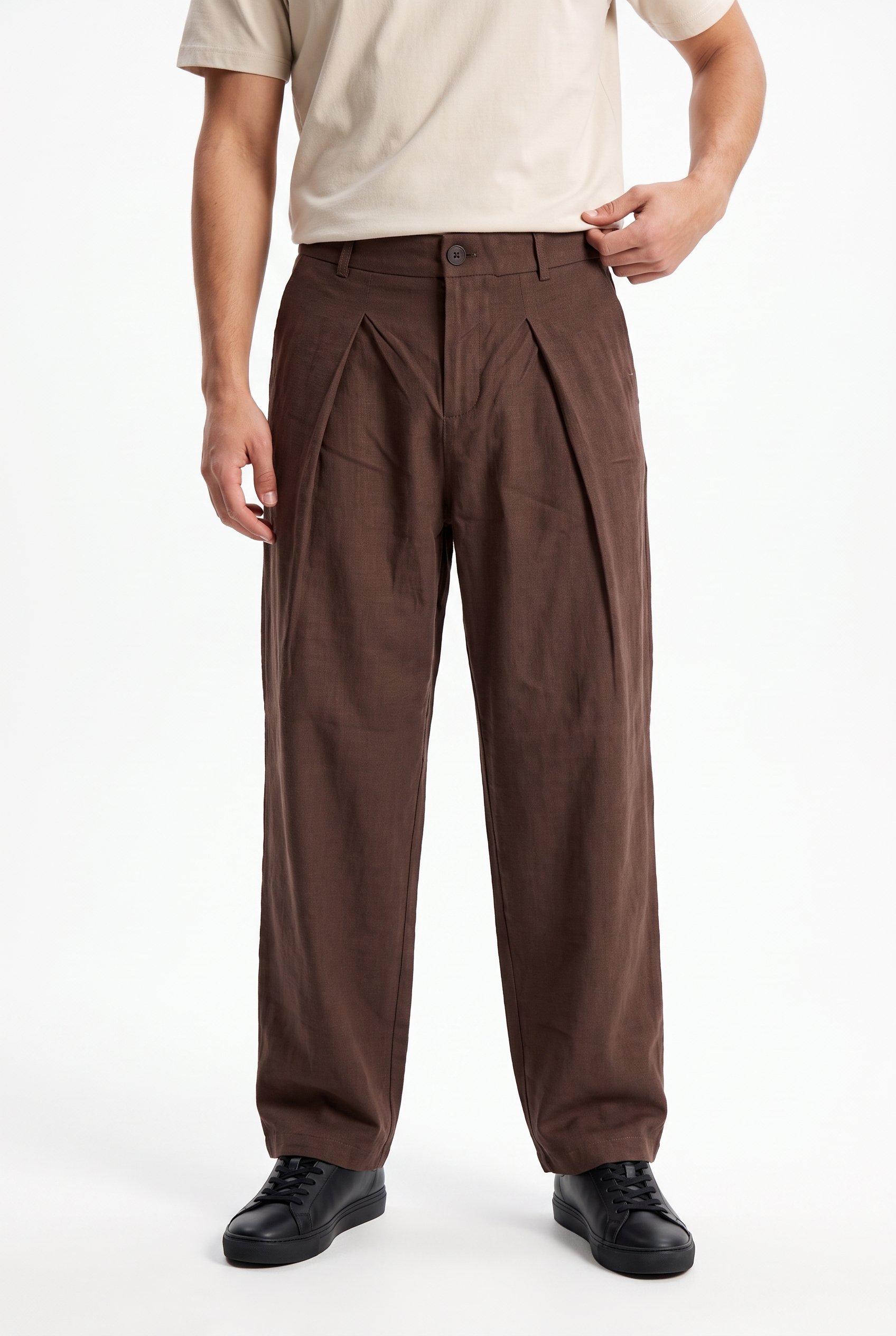 Erkek Pileli Keten Baggy Pantolon Kahve