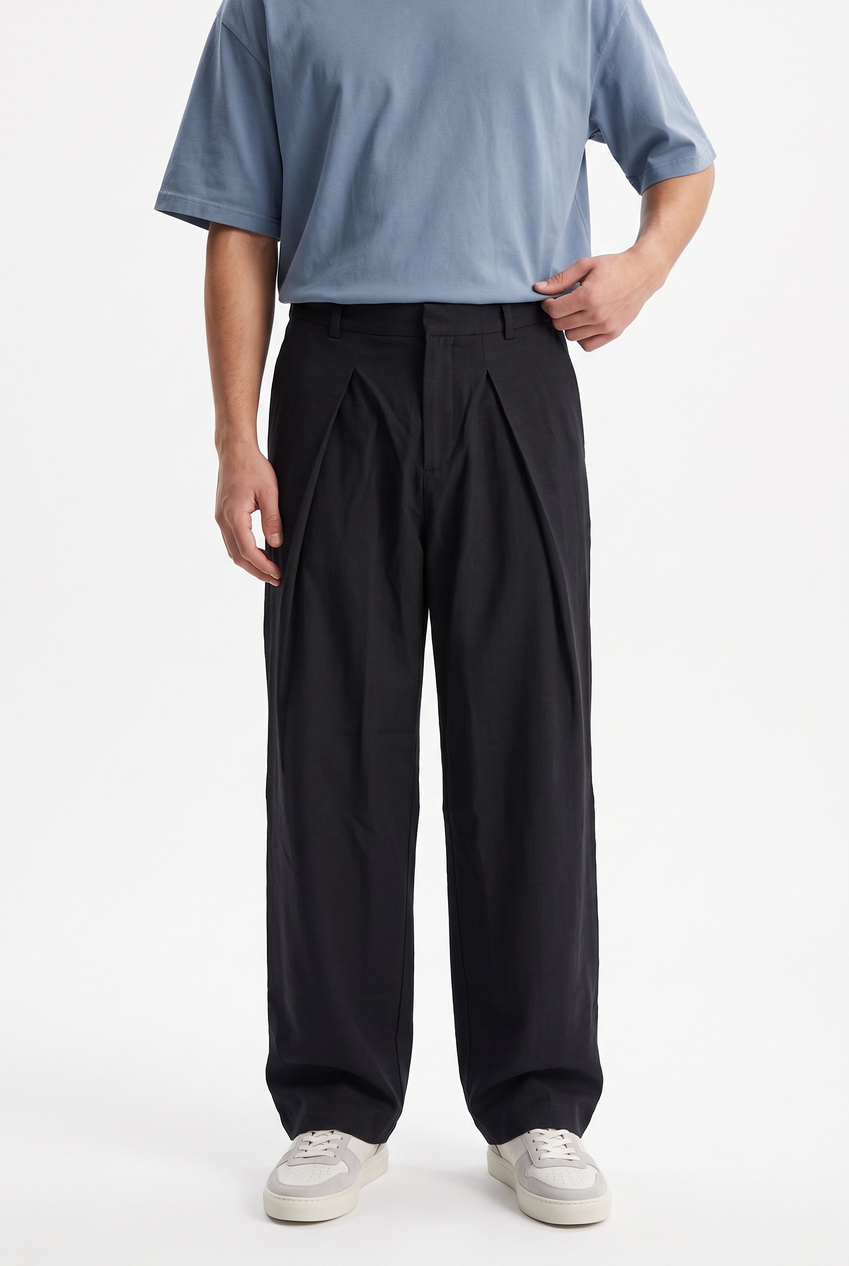 Erkek Pileli Keten Baggy Pantolon Siyah