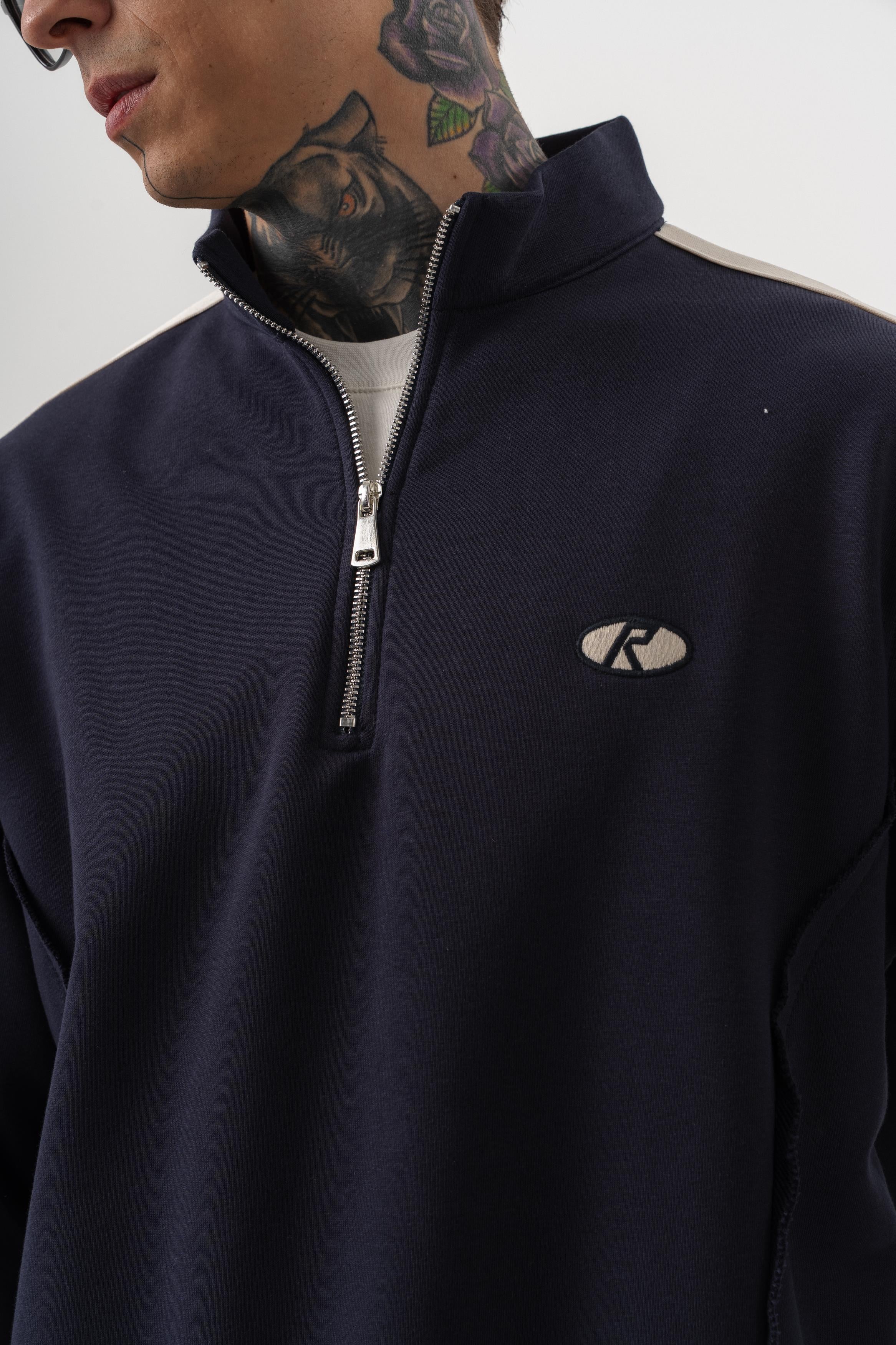 Erkek Pis Dikiş Detaylı Yarım Fermuarlı Diagonel Sweatshirt Lacivert
