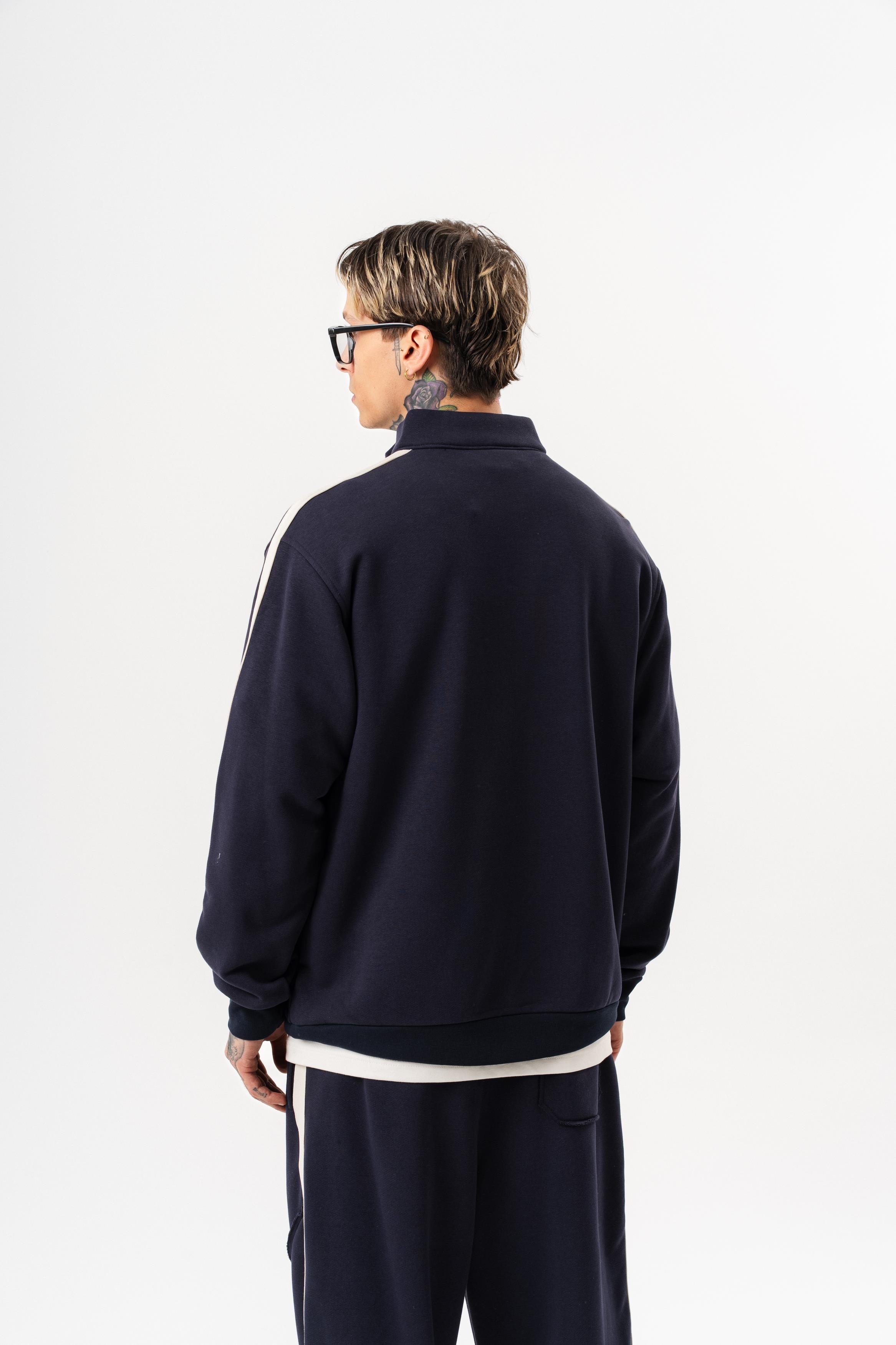 Erkek Pis Dikiş Detaylı Yarım Fermuarlı Diagonel Sweatshirt Lacivert