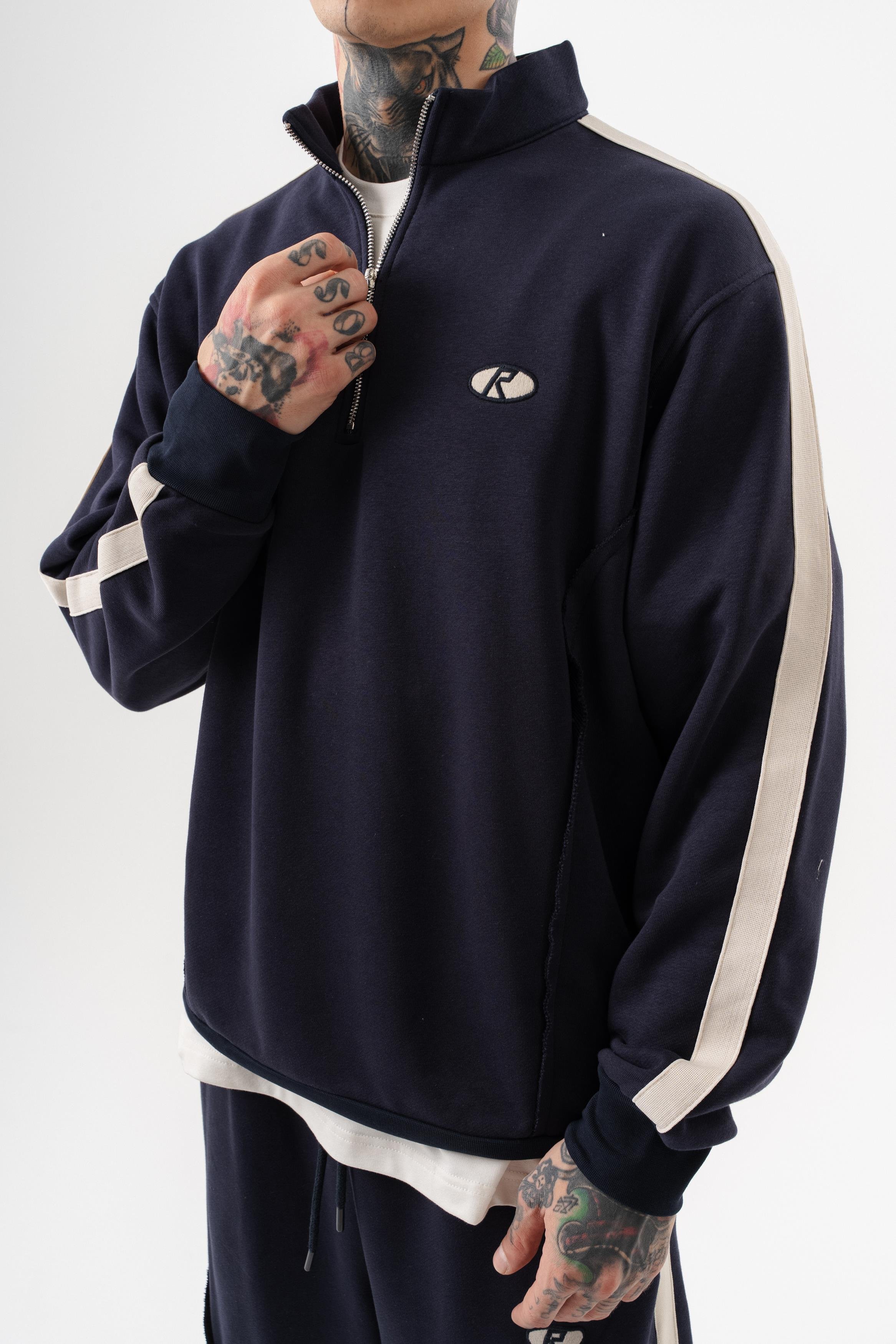 Erkek Pis Dikiş Detaylı Yarım Fermuarlı Diagonel Sweatshirt Lacivert