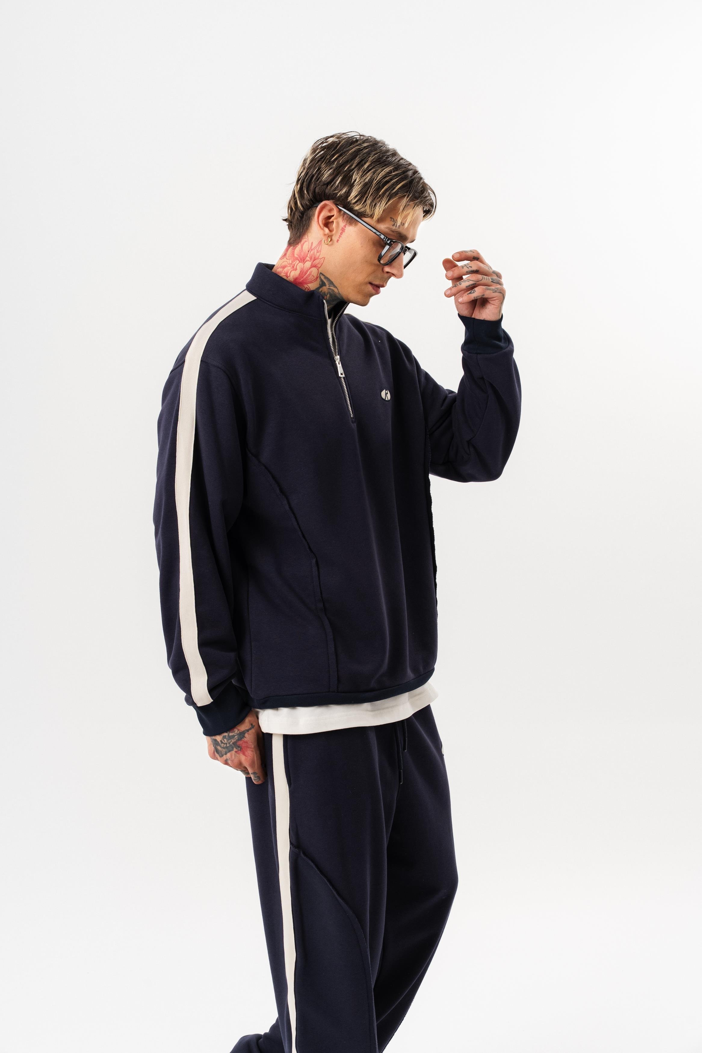 Erkek Pis Dikiş Detaylı Yarım Fermuarlı Diagonel Sweatshirt Lacivert