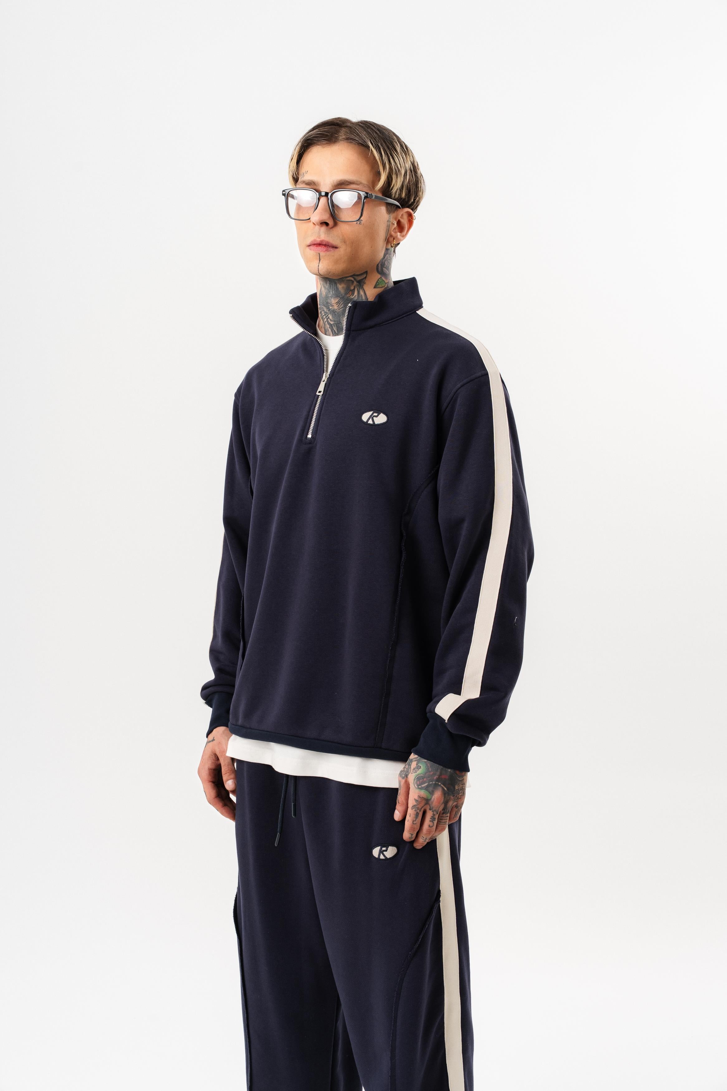 Erkek Pis Dikiş Detaylı Yarım Fermuarlı Diagonel Sweatshirt Lacivert