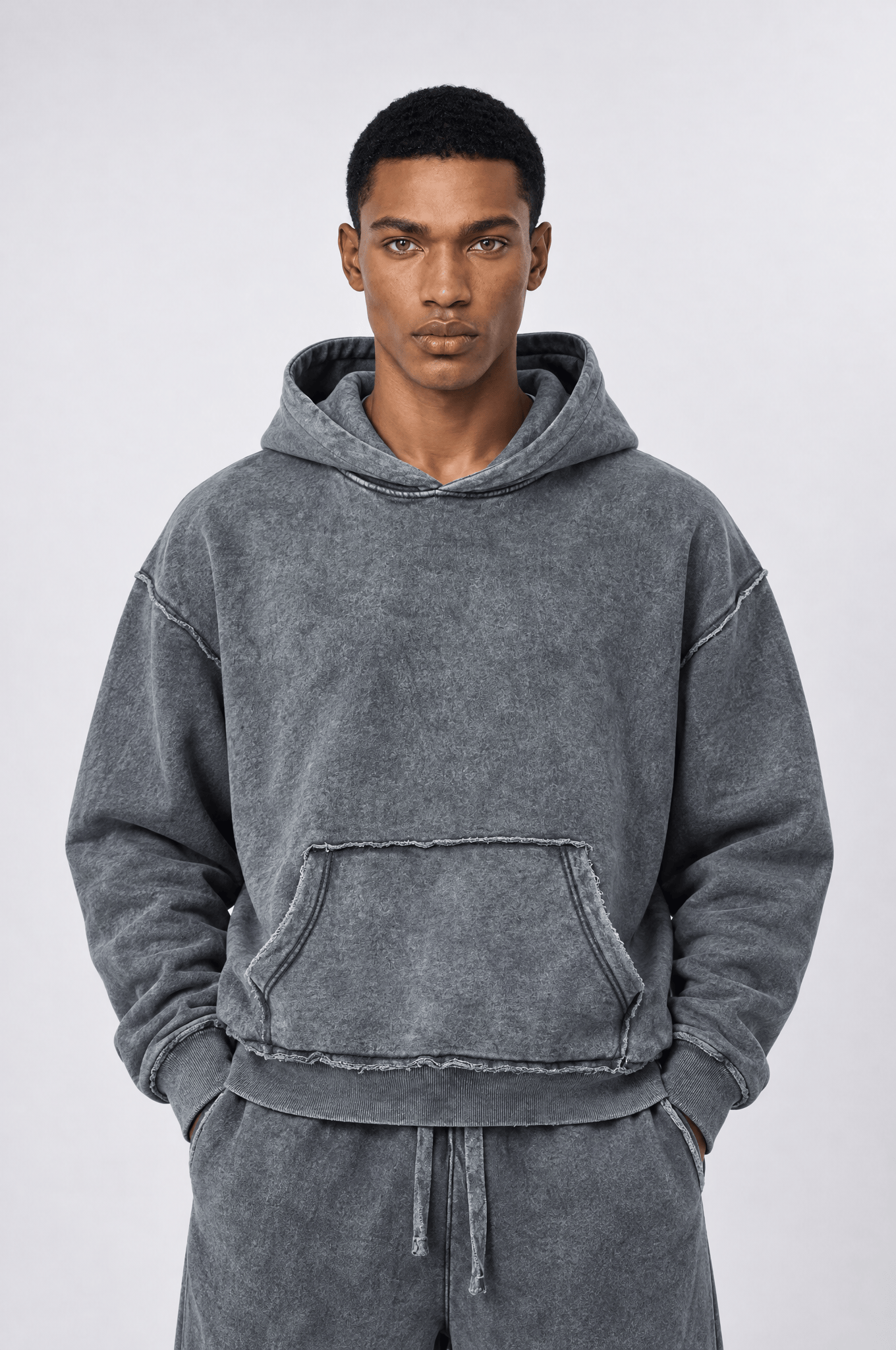Erkek Pis Dikiş Detaylı Yıkamalı Basic Oversize Hoodie Gri