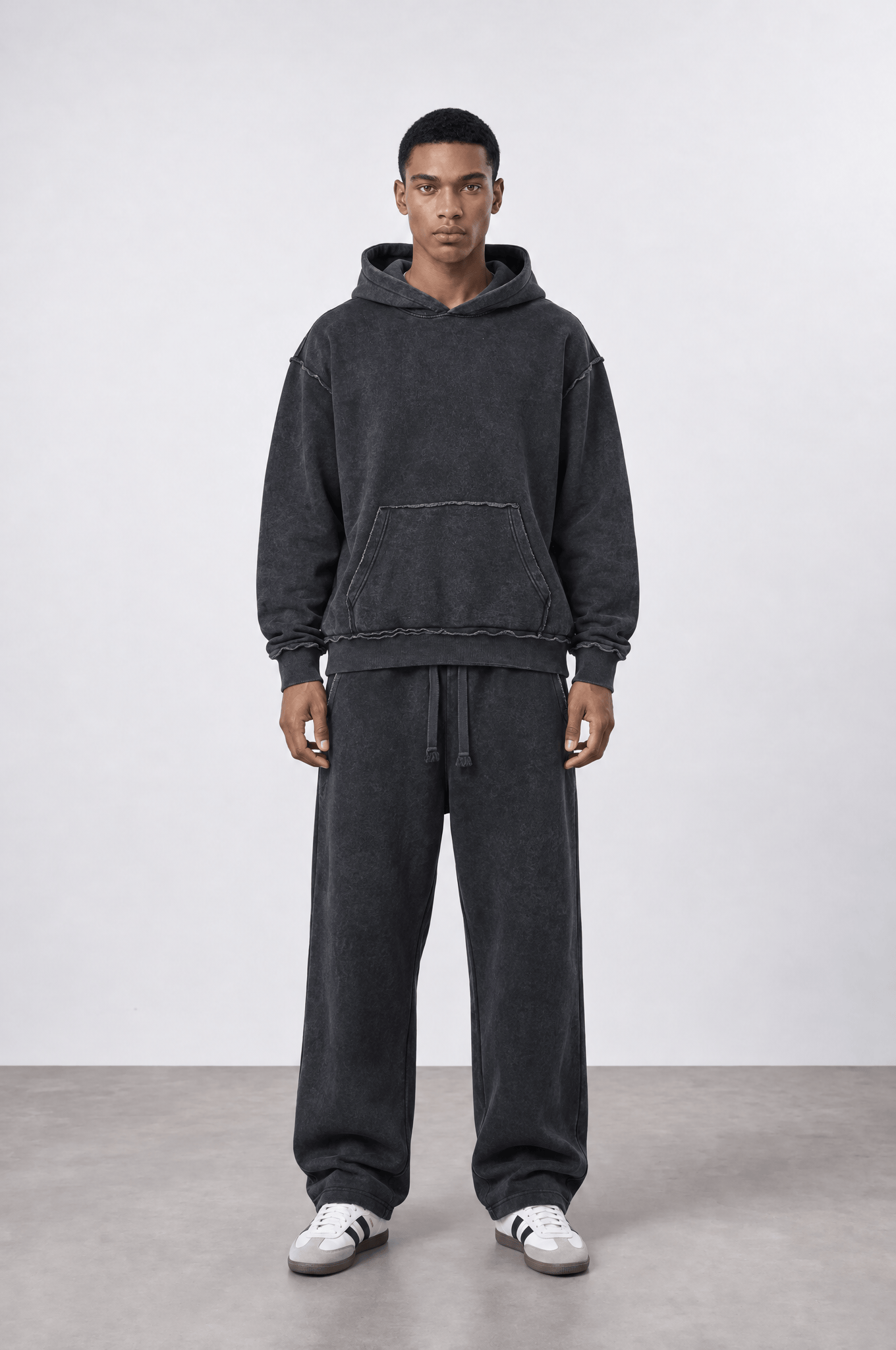 Erkek Pis Dikiş Detaylı Yıkamalı Basic Oversize Hoodie Siyah