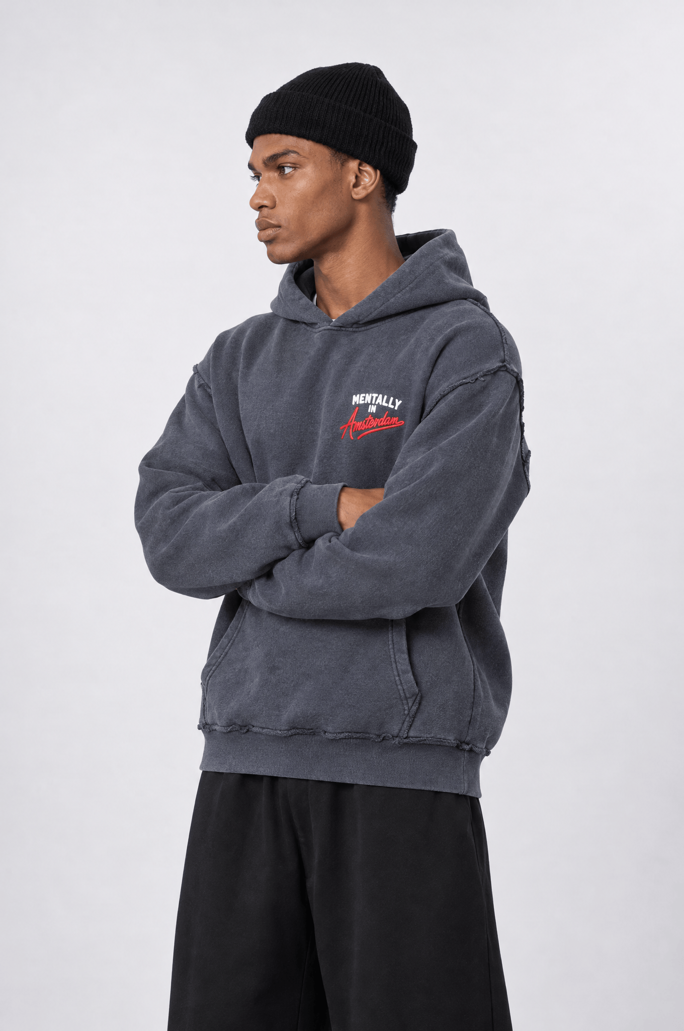 Erkek Pis Dikiş Detaylı Yıkamalı Oversize Hoodie Füme