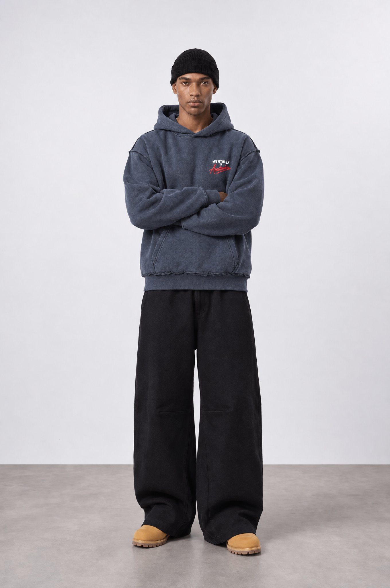 Erkek Pis Dikiş Detaylı Yıkamalı Oversize Hoodie Füme