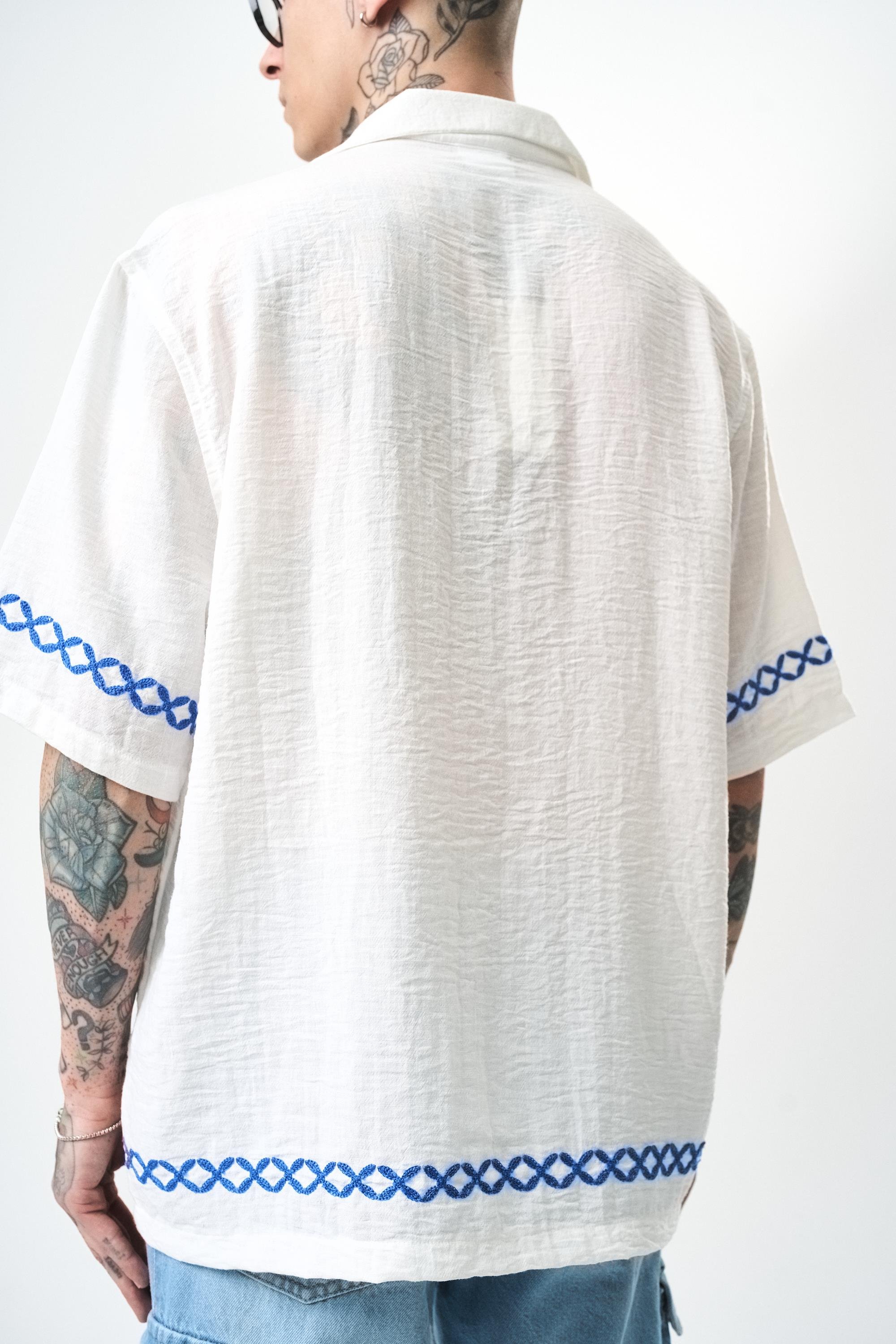 Erkek Pocket Nakışlı Oversize Keten Gömlek Beyaz