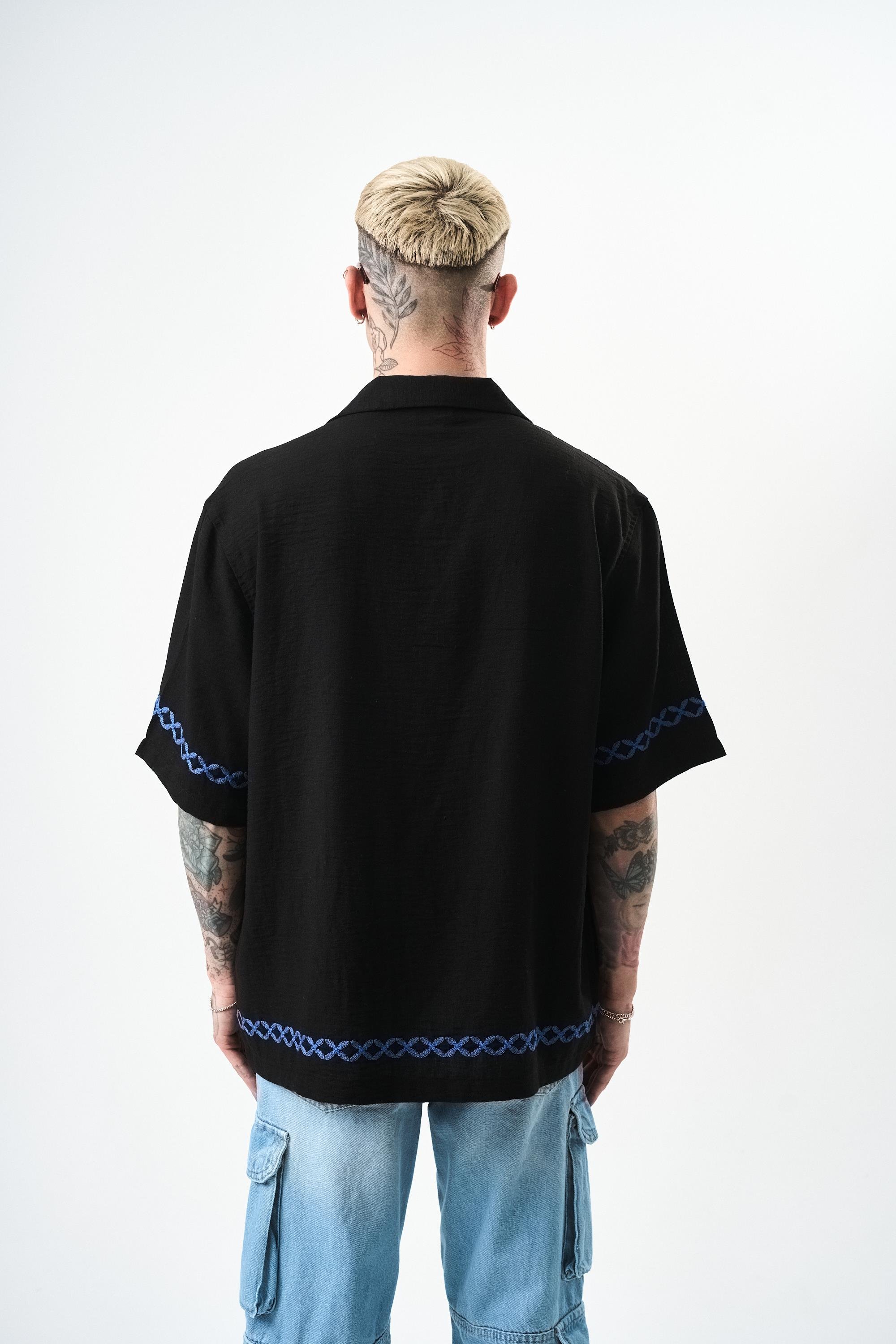 Erkek Pocket Nakışlı Oversize Keten Gömlek Siyah