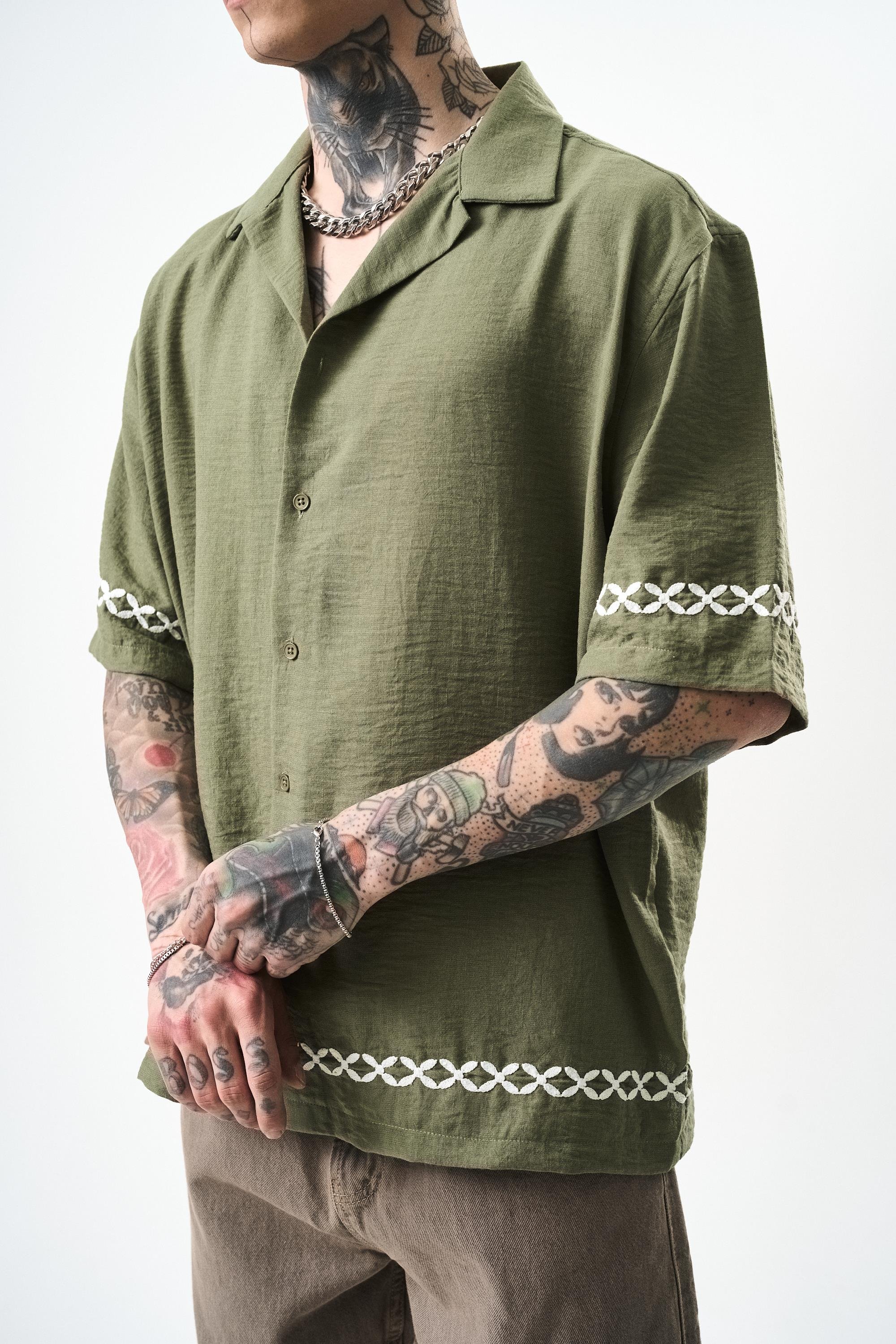 Erkek Pocket Nakışlı Oversize Keten Gömlek Haki