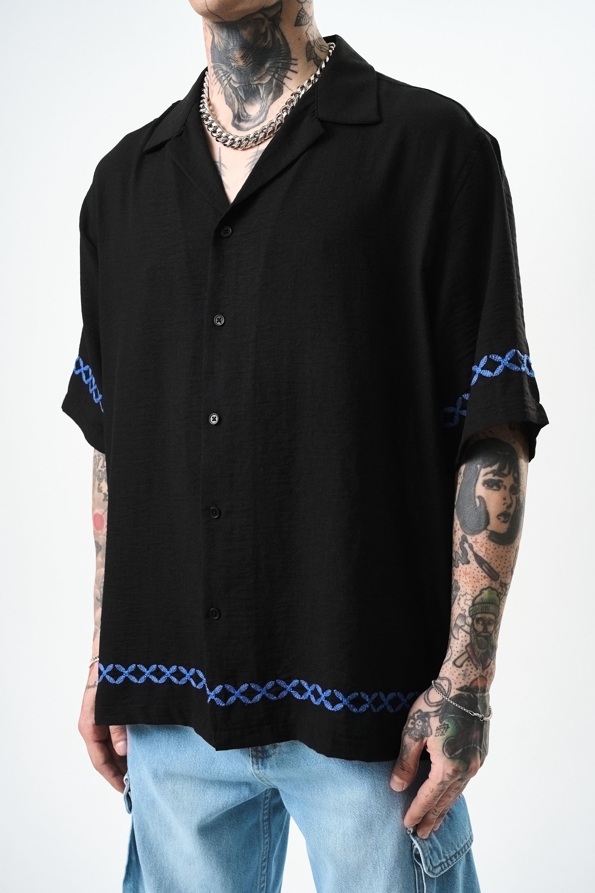 Erkek Pocket Nakışlı Oversize Keten Gömlek Siyah
