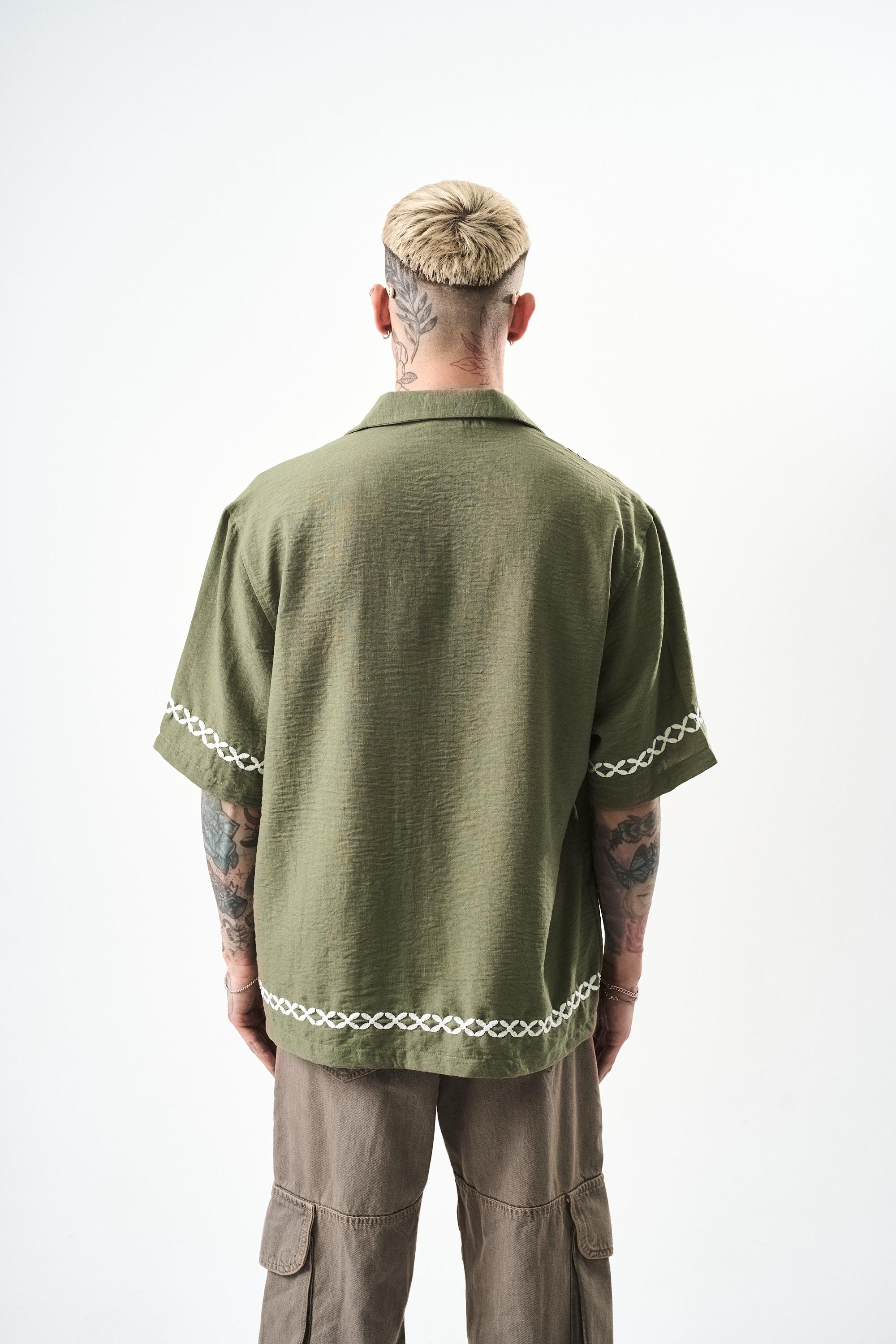 Erkek Pocket Nakışlı Oversize Keten Gömlek Haki