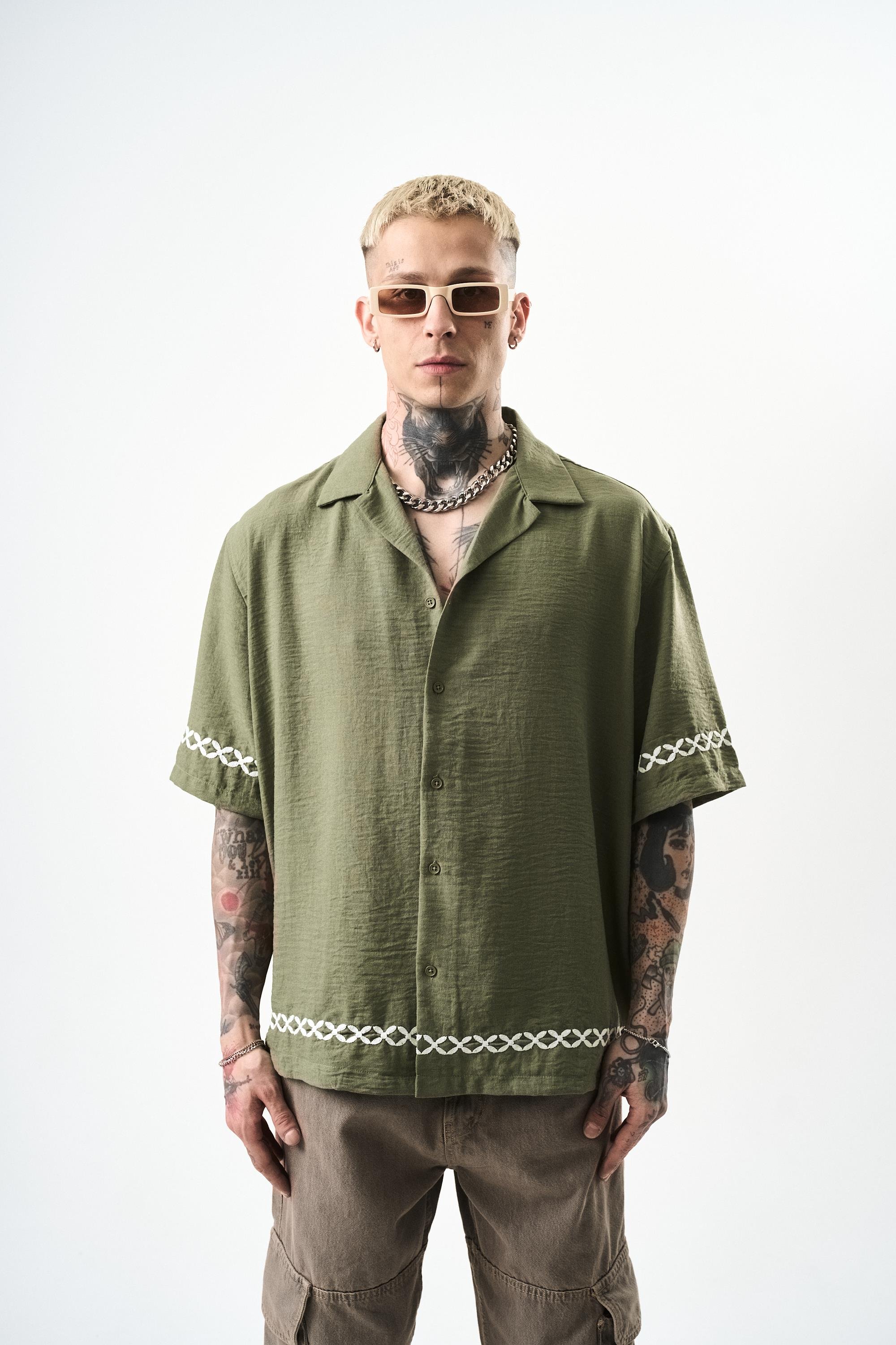 Erkek Pocket Nakışlı Oversize Keten Gömlek Haki