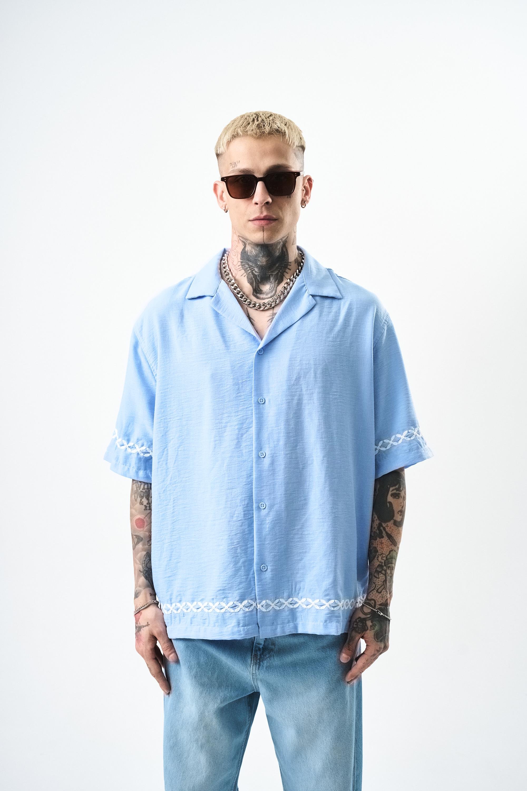 Erkek Pocket Nakışlı Oversize Keten Gömlek Bebe Mavi