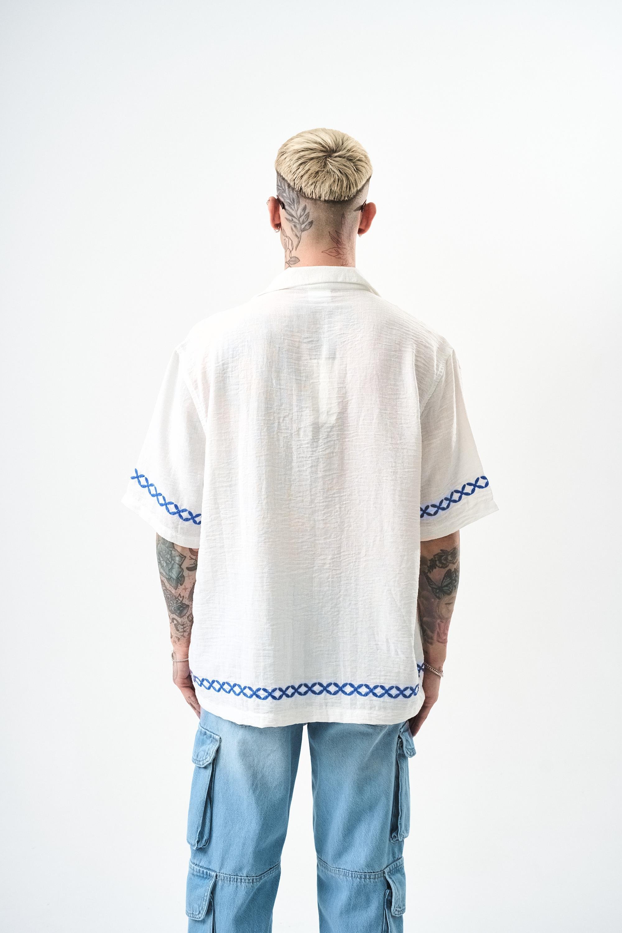 Erkek Pocket Nakışlı Oversize Keten Gömlek Beyaz