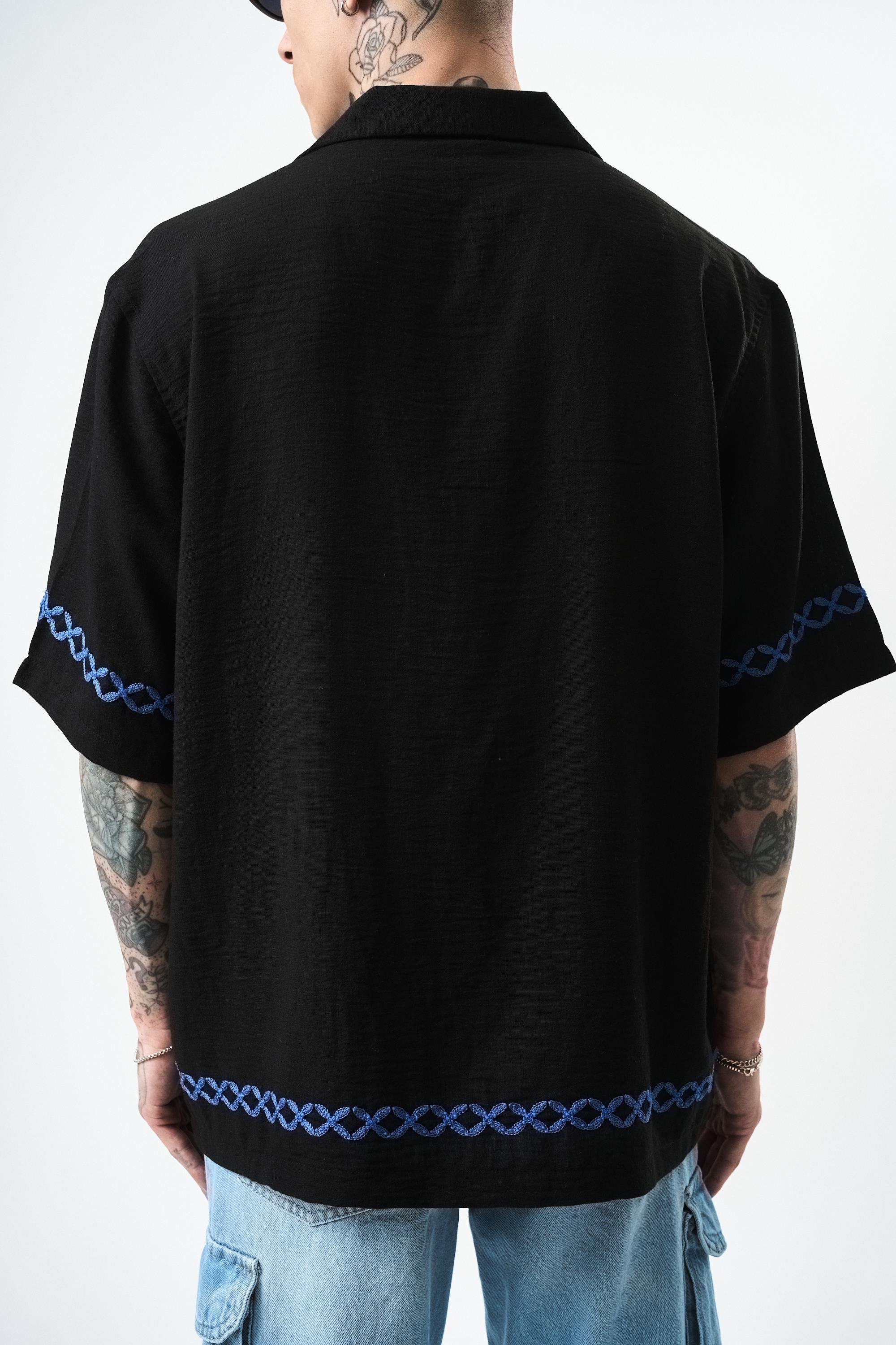 Erkek Pocket Nakışlı Oversize Keten Gömlek Siyah