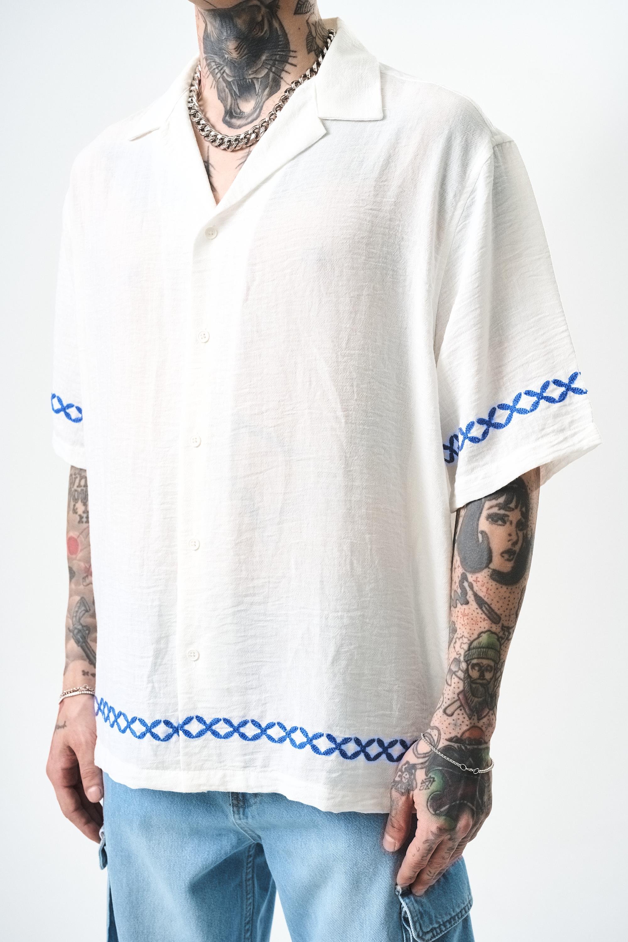 Erkek Pocket Nakışlı Oversize Keten Gömlek Beyaz