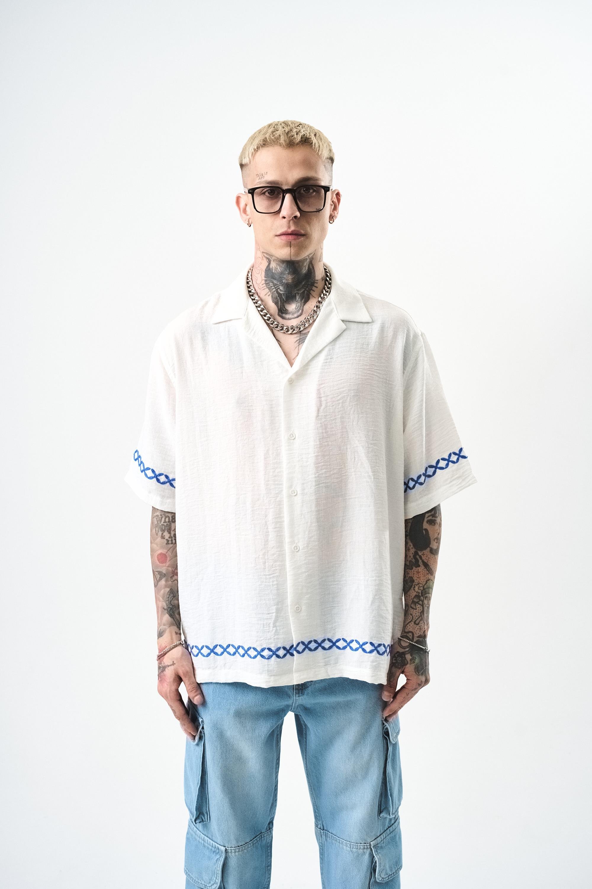 Erkek Pocket Nakışlı Oversize Keten Gömlek Beyaz