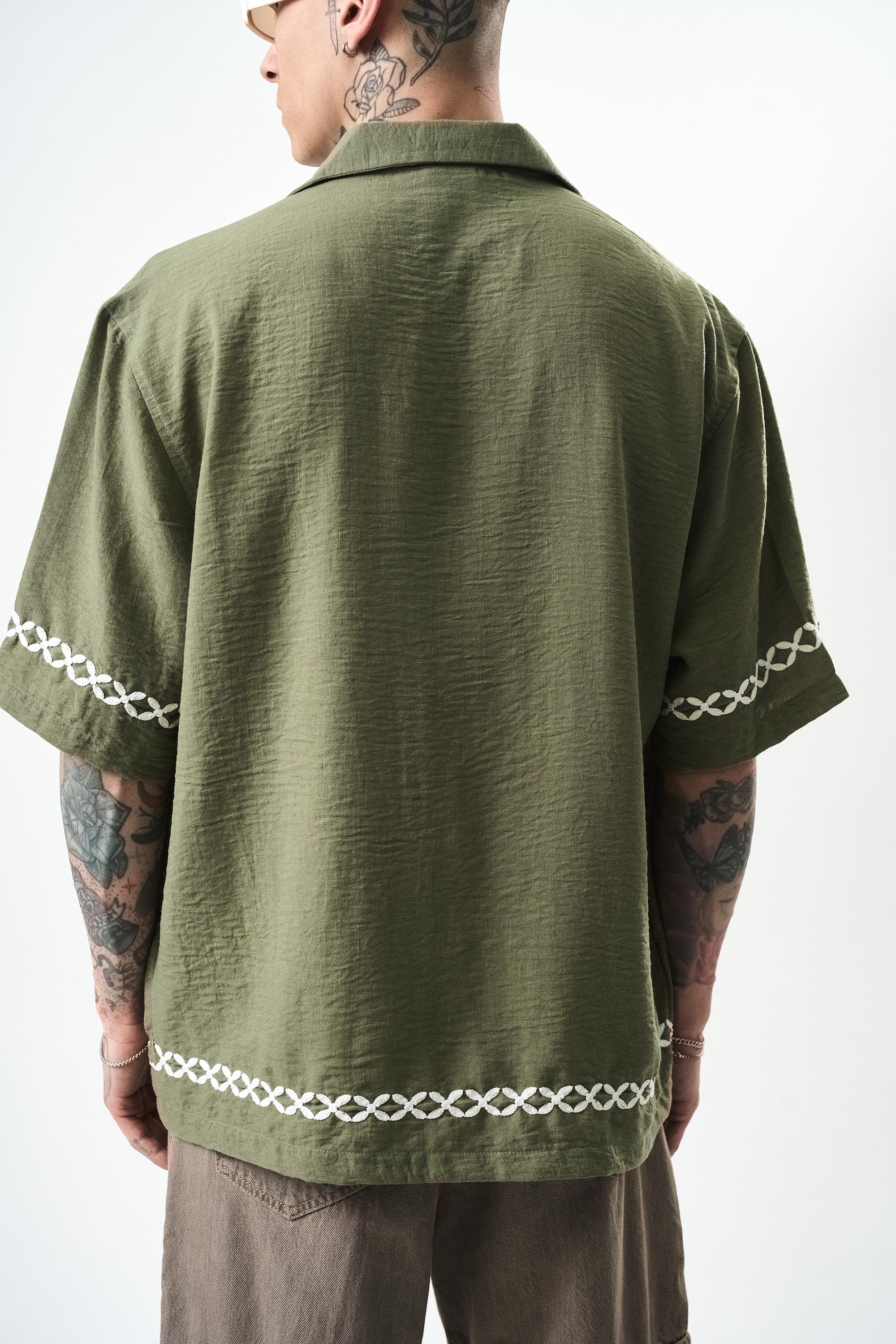 Erkek Pocket Nakışlı Oversize Keten Gömlek Haki