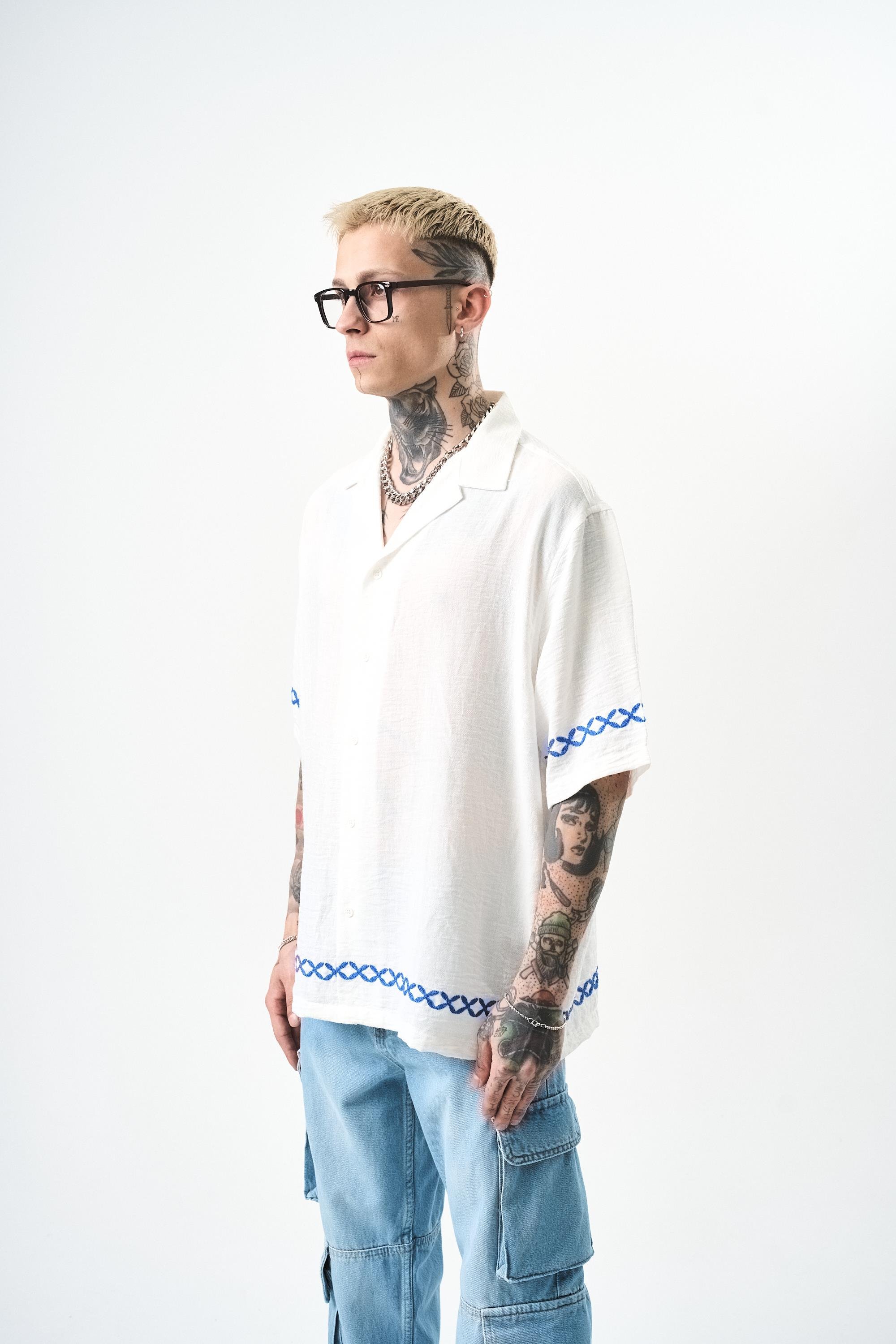 Erkek Pocket Nakışlı Oversize Keten Gömlek Beyaz