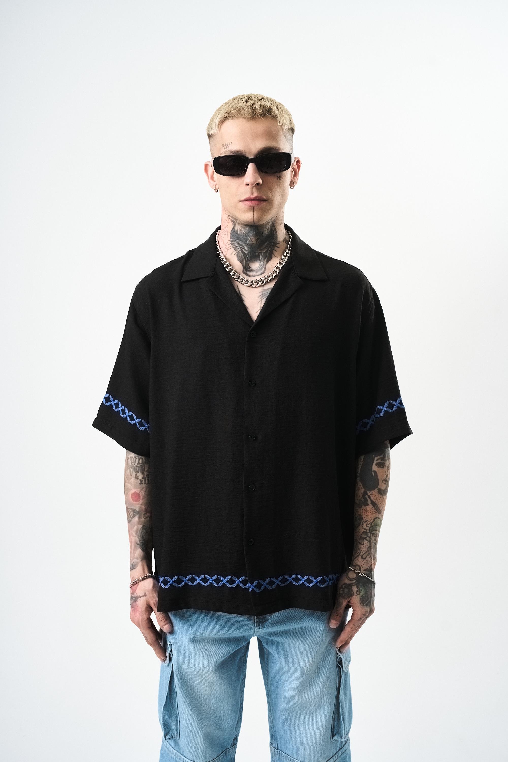 Erkek Pocket Nakışlı Oversize Keten Gömlek Siyah