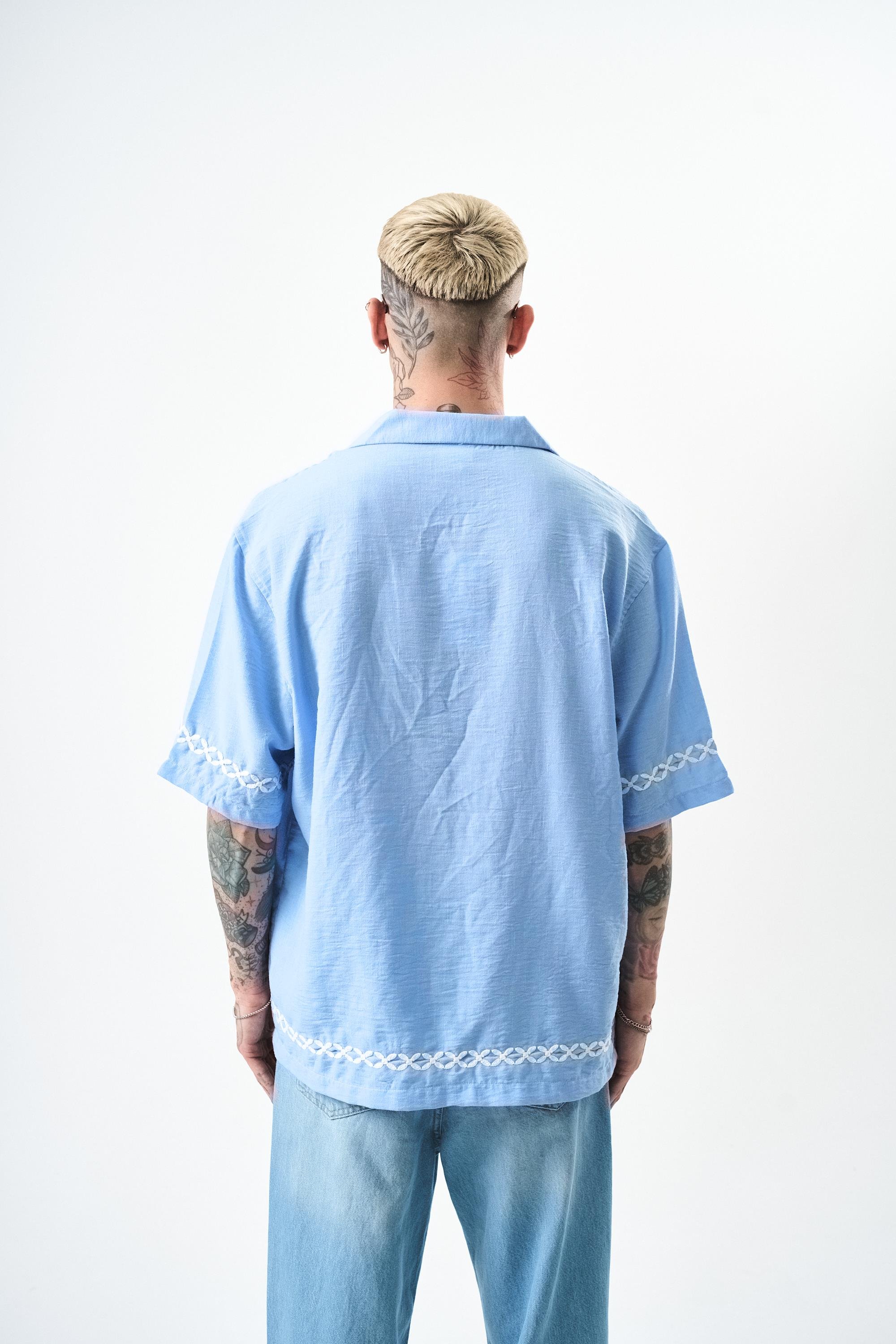 Erkek Pocket Nakışlı Oversize Keten Gömlek Bebe Mavi