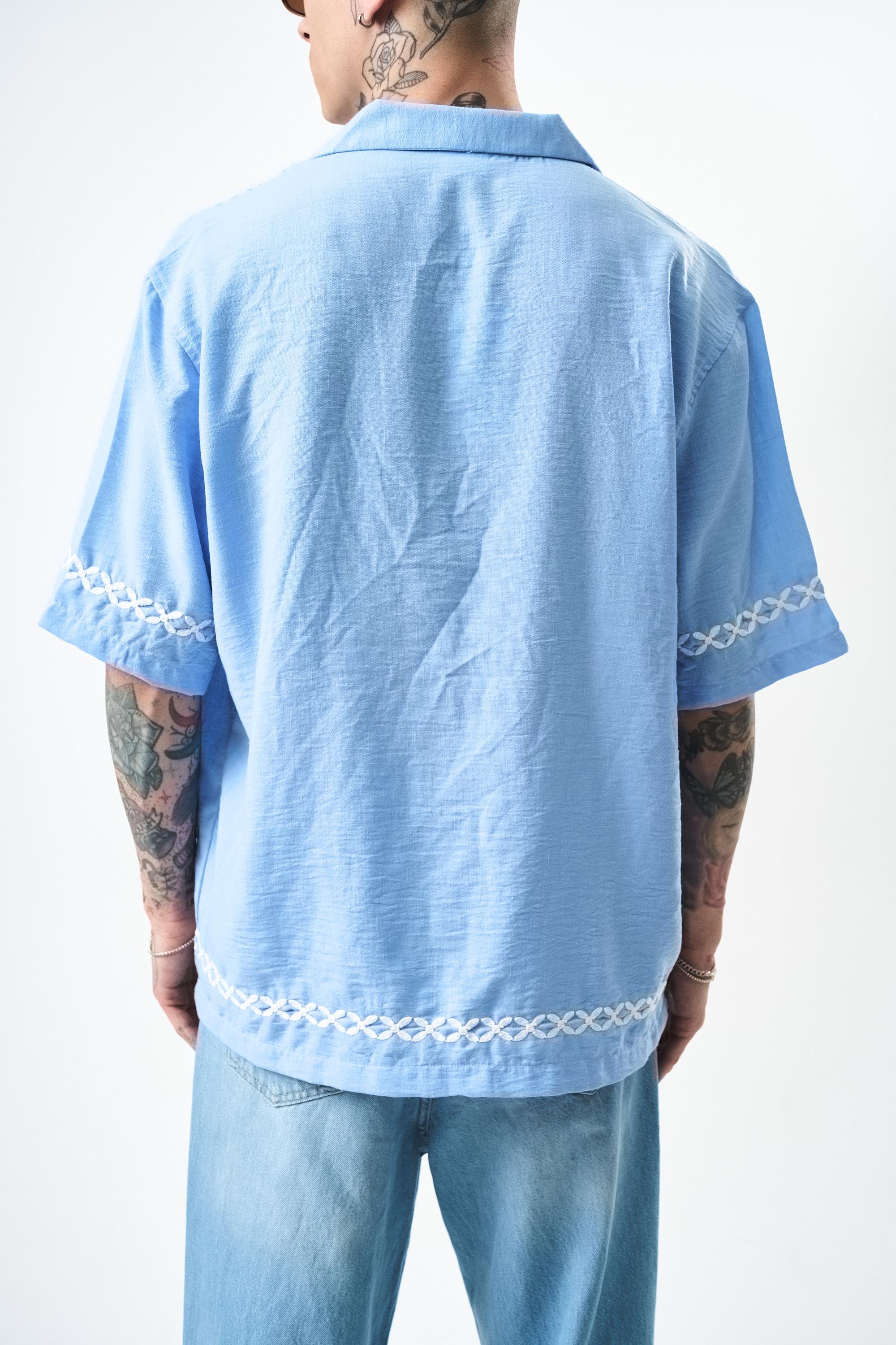Erkek Pocket Nakışlı Oversize Keten Gömlek Bebe Mavi