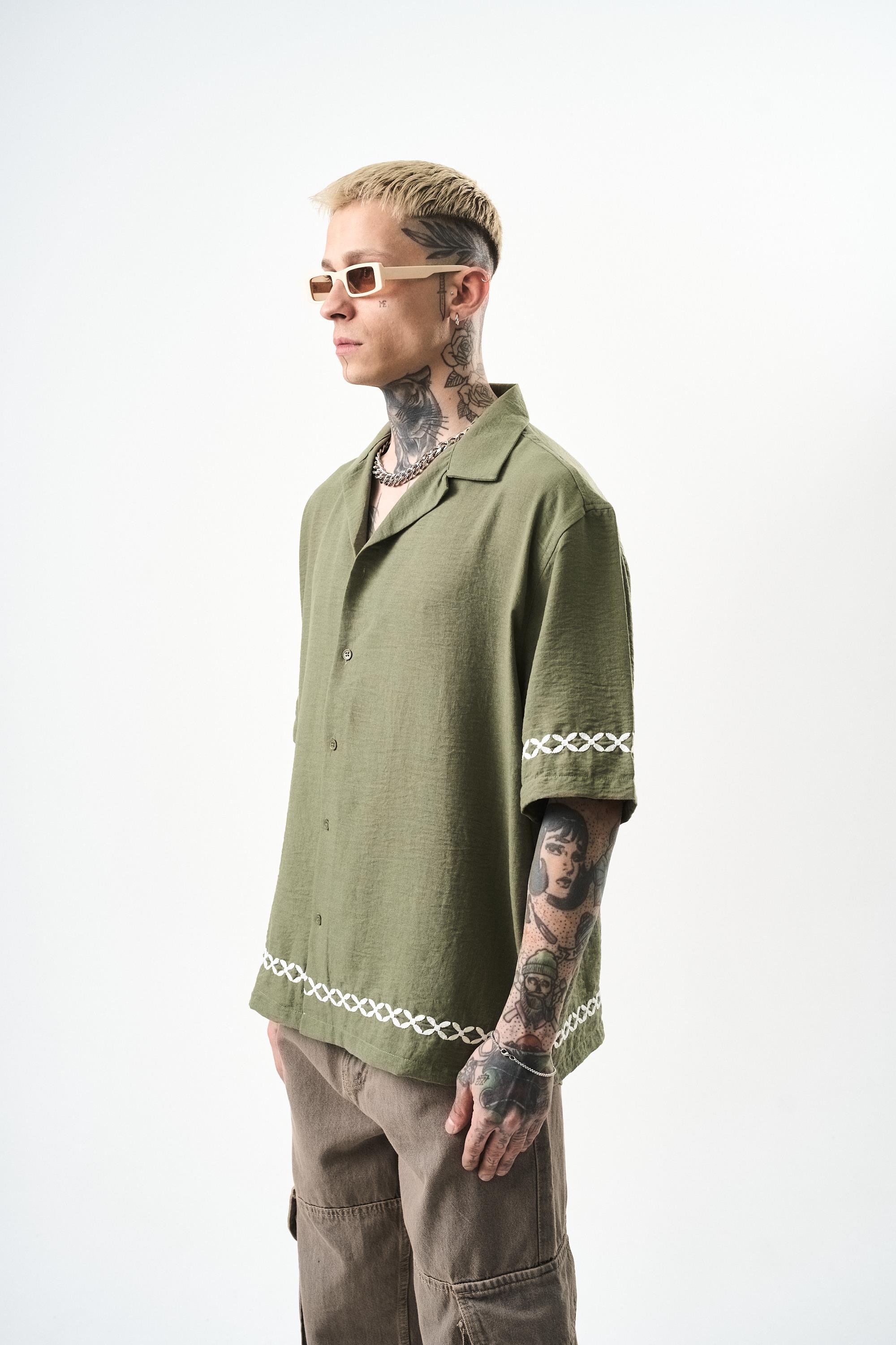 Erkek Pocket Nakışlı Oversize Keten Gömlek Haki