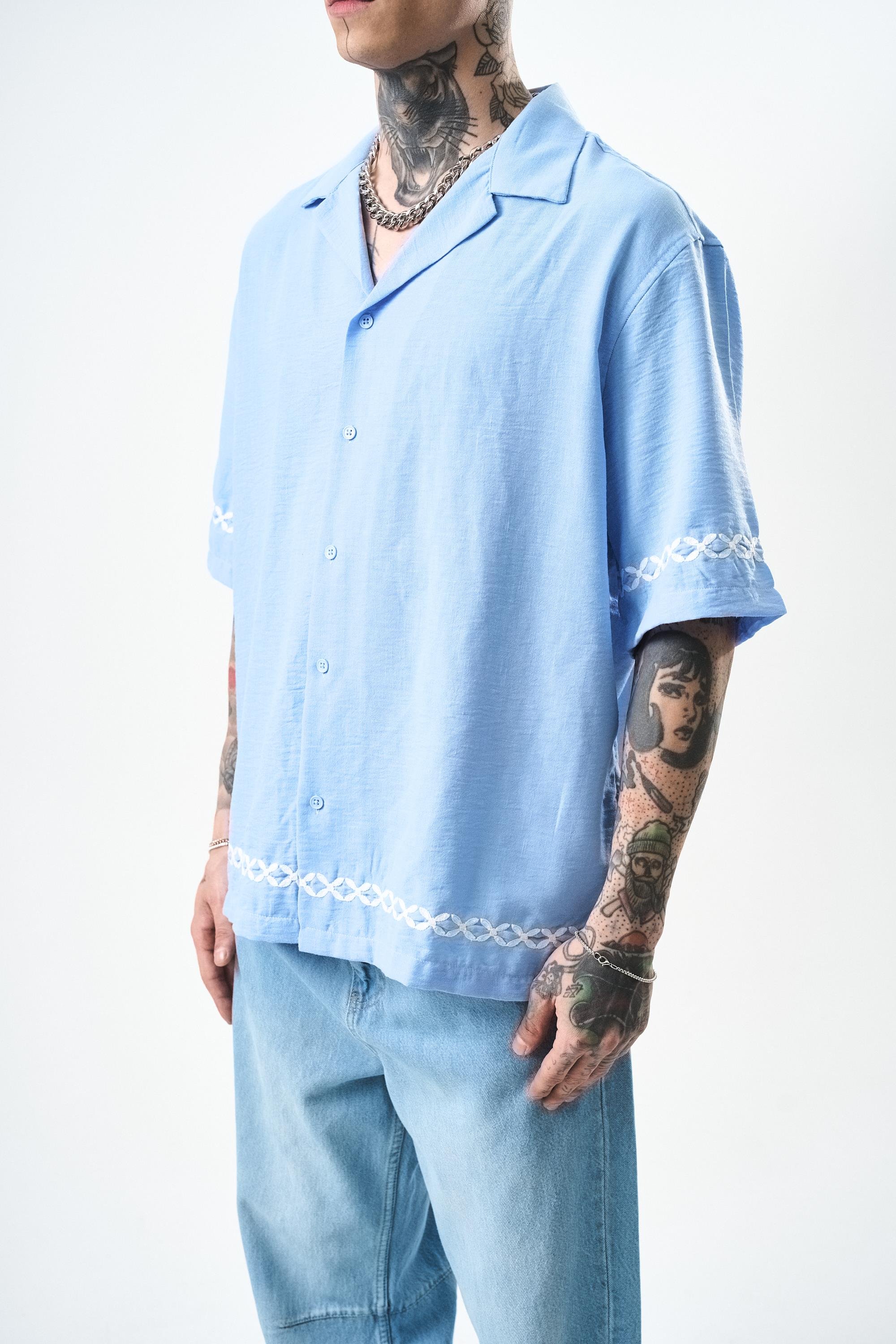 Erkek Pocket Nakışlı Oversize Keten Gömlek Bebe Mavi